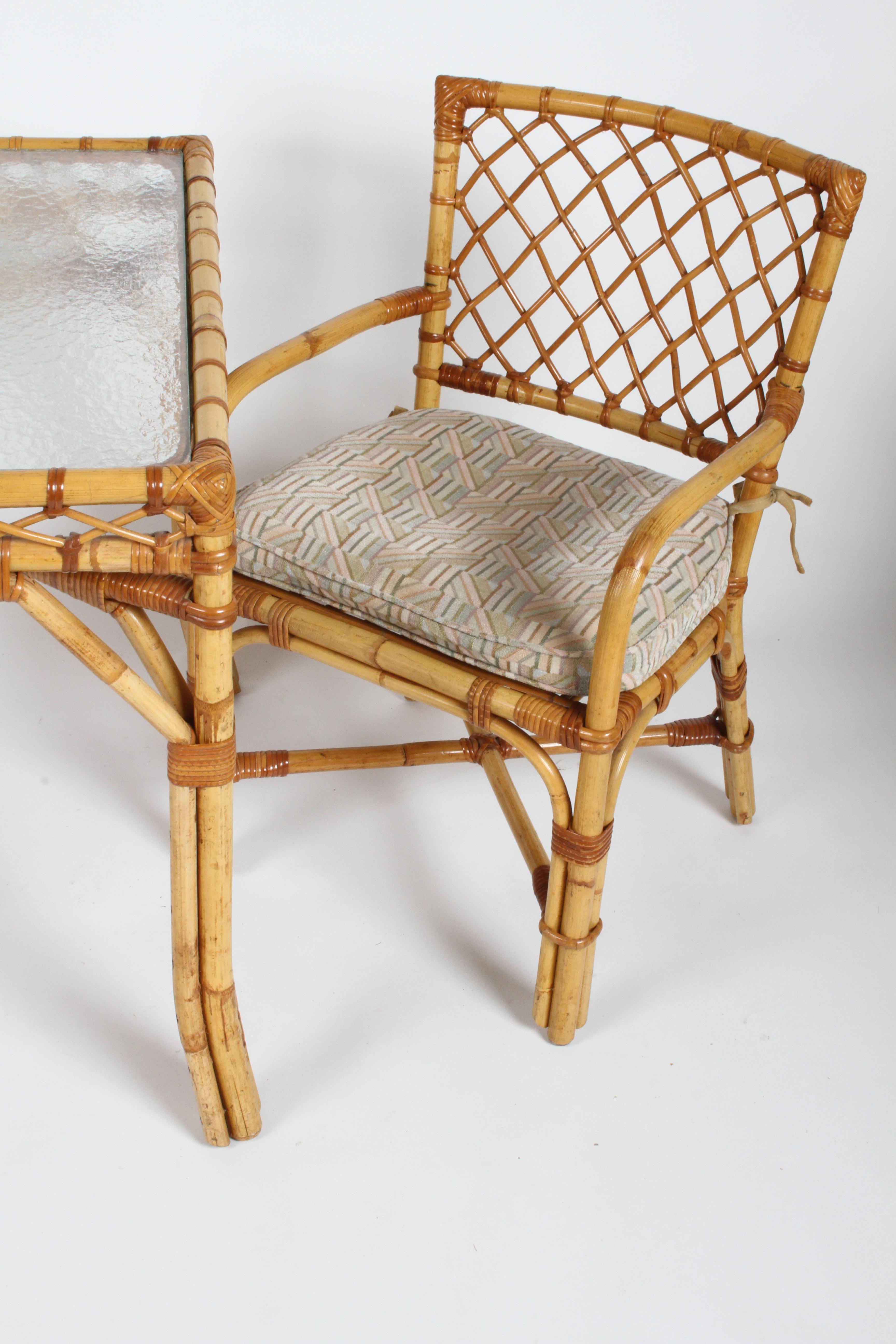 Bielecky Brothers Rattan and Glass Card / Dining Table with Two Armchairs In Good Condition In St. Louis, MO