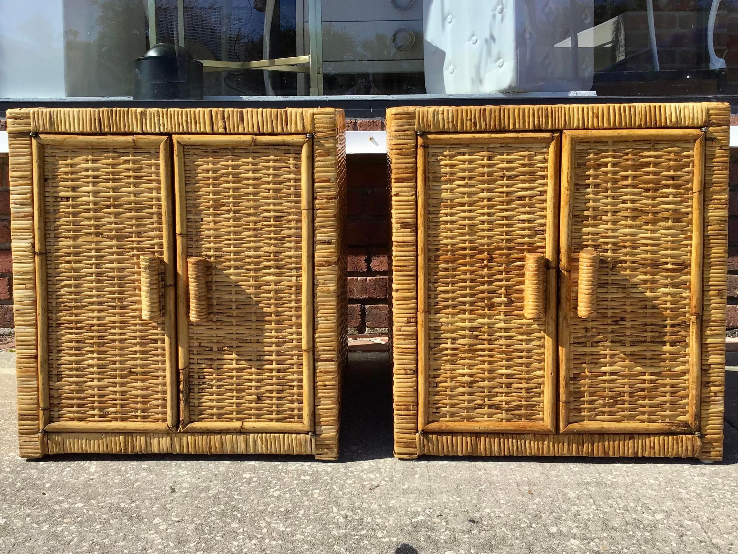 Fabulous small pair of Bielecky Brothers Boho Chic rattan two door cabinets with shelf. This is a great addition to your bar and kitchen for great storage and decor.