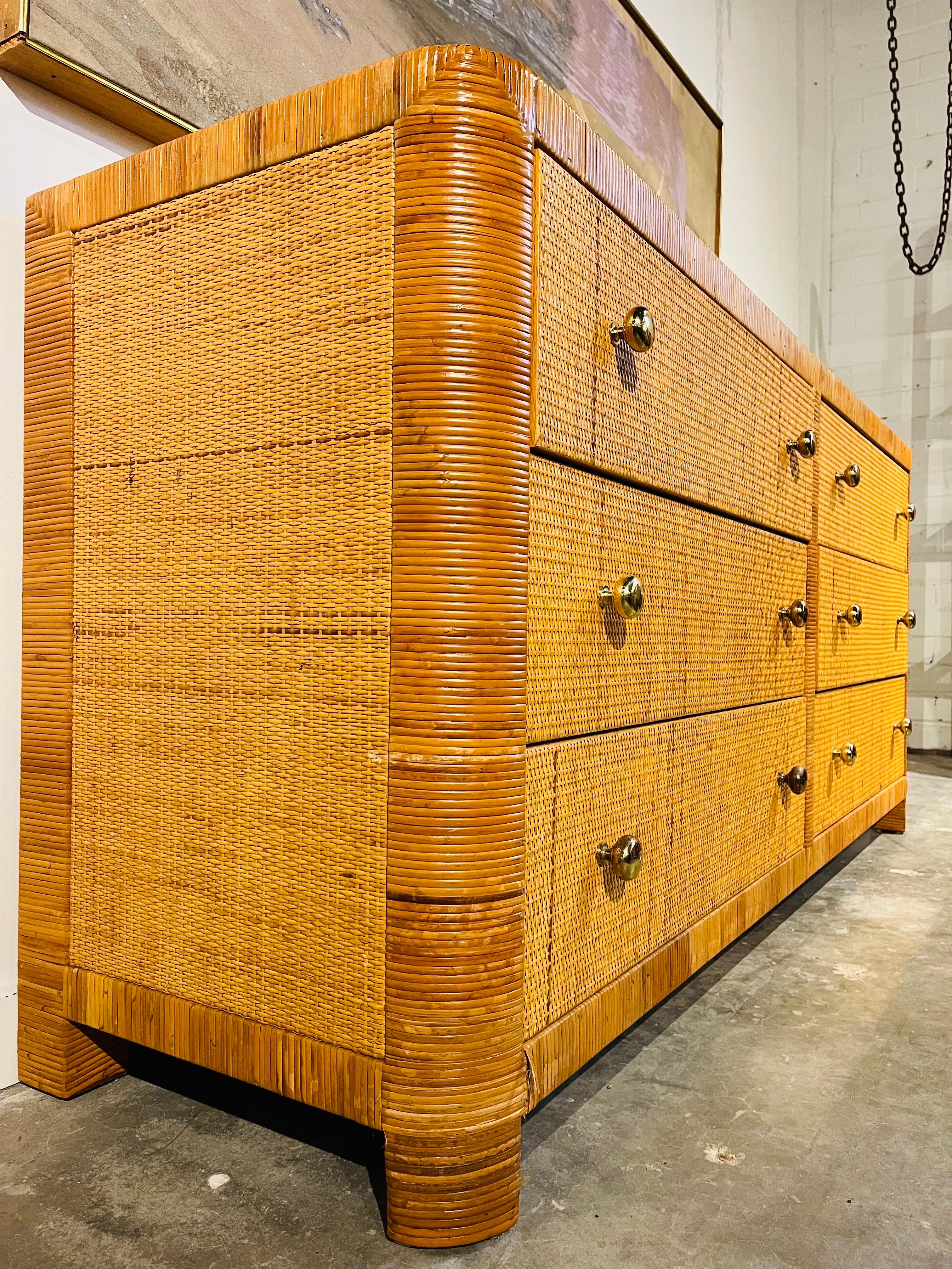 A vintage marked and documented Bielecky Brothers wrapped rattan and cane chest of six drawers. Bielecky Brothers has a long history in the United States, starting in 1903 when the Bielecky Brothers emigrated from Poland to Queens, New York. From