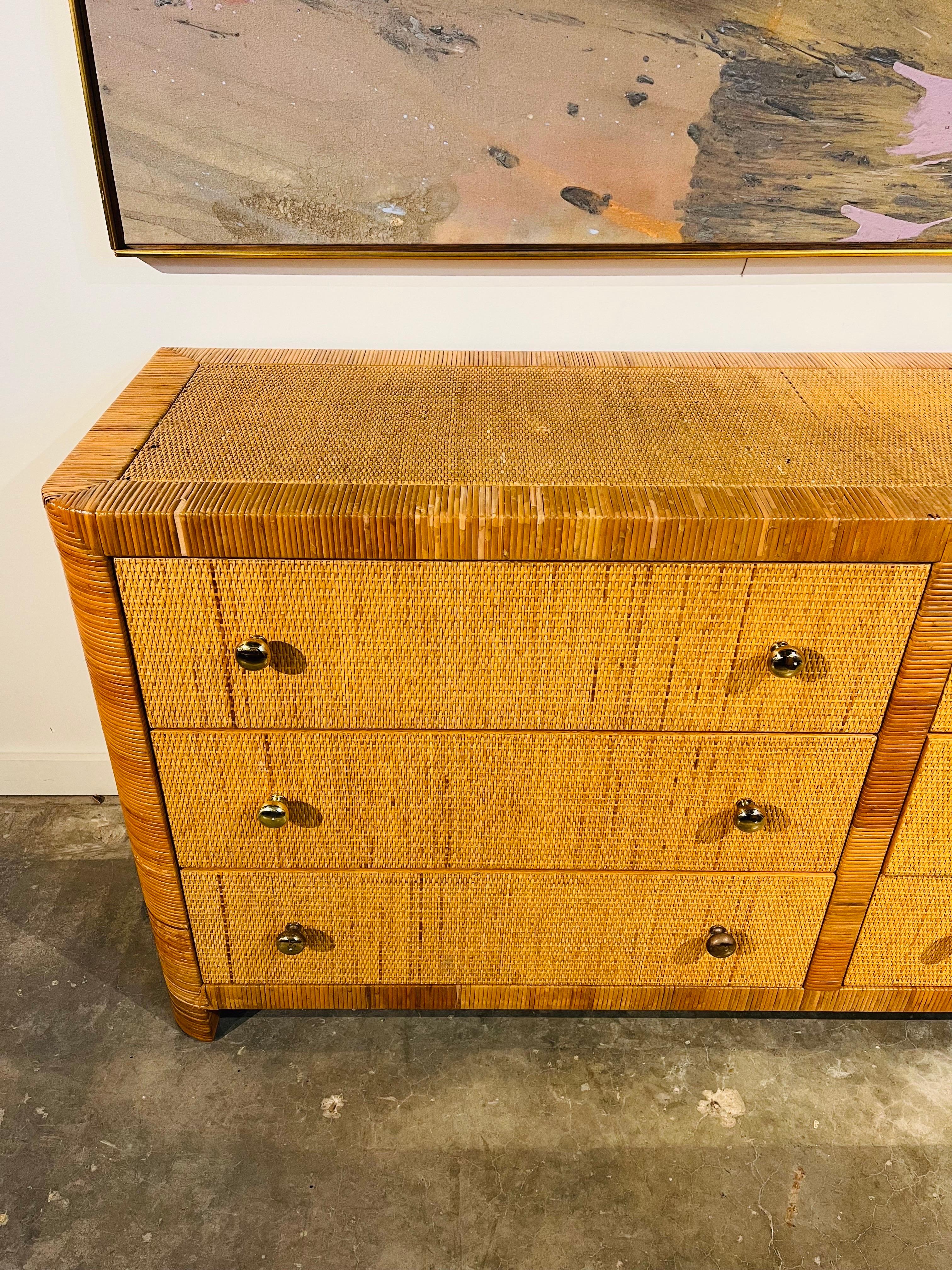 American Bielecky Brothers Vintage Wrapped Rattan and Cane Six Drawer Chest or Cabinet For Sale