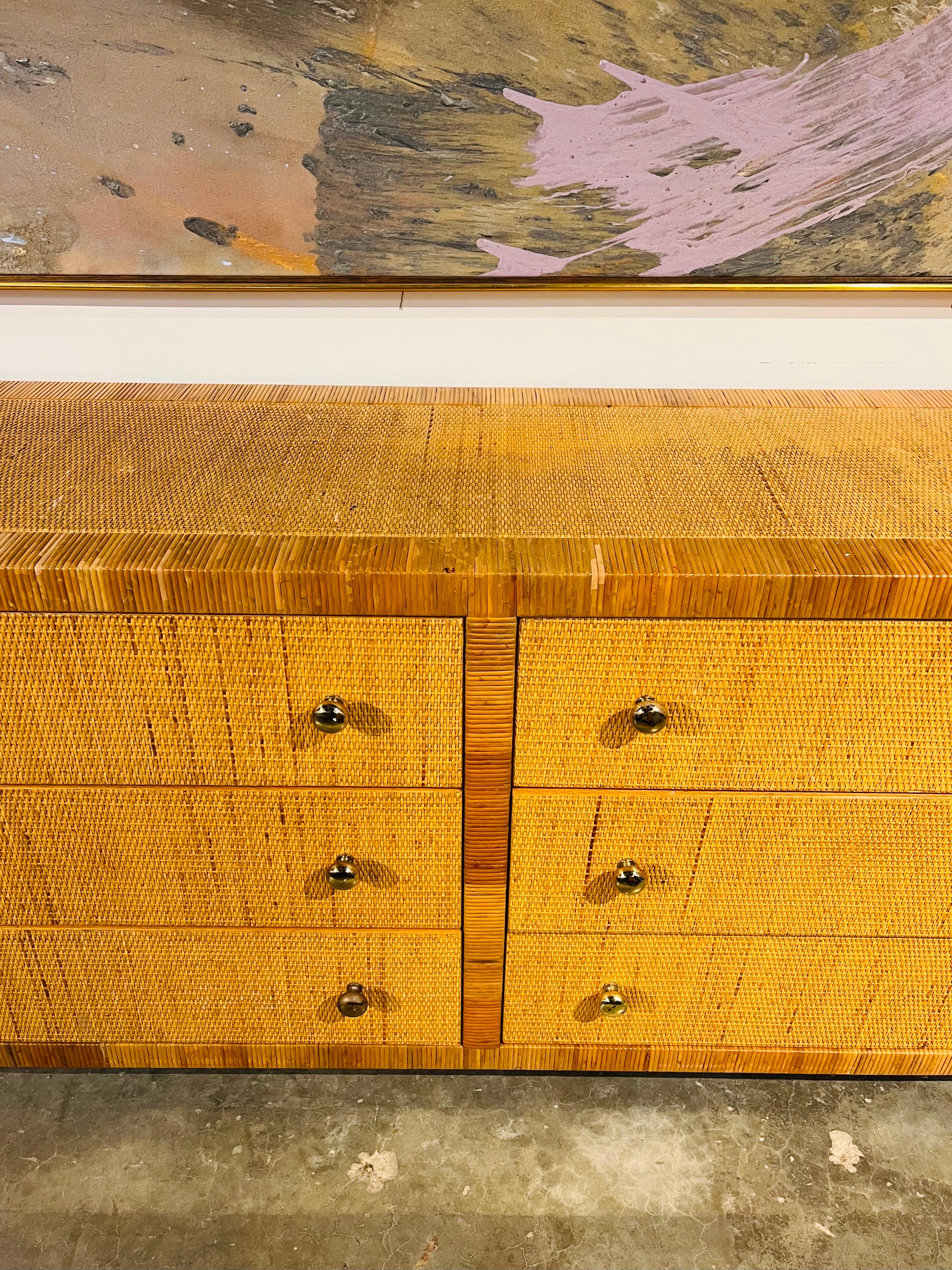 Bielecky Brothers Vintage Wrapped Rattan and Cane Six Drawer Chest or Cabinet In Good Condition For Sale In Atlanta, GA
