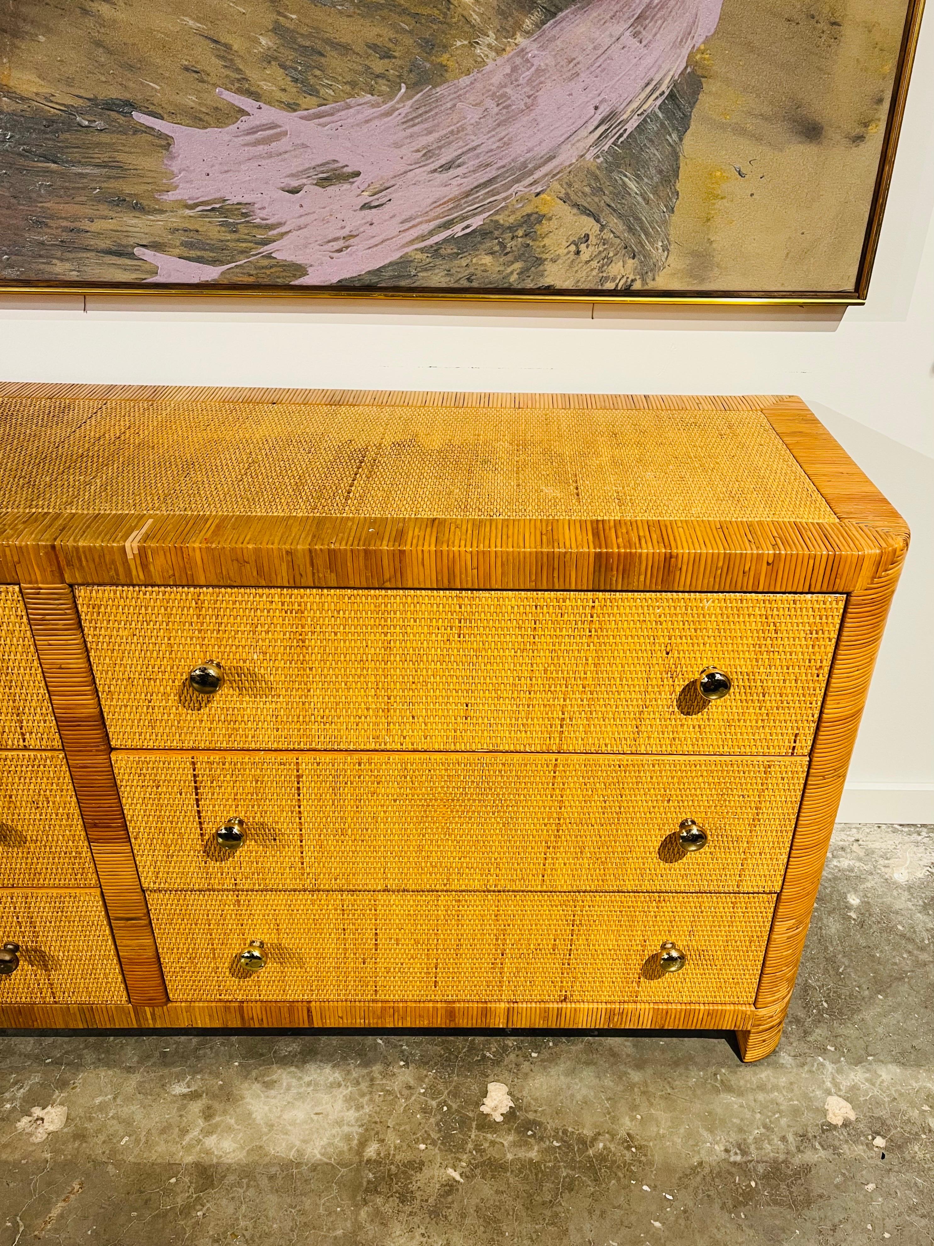 20th Century Bielecky Brothers Vintage Wrapped Rattan and Cane Six Drawer Chest or Cabinet For Sale