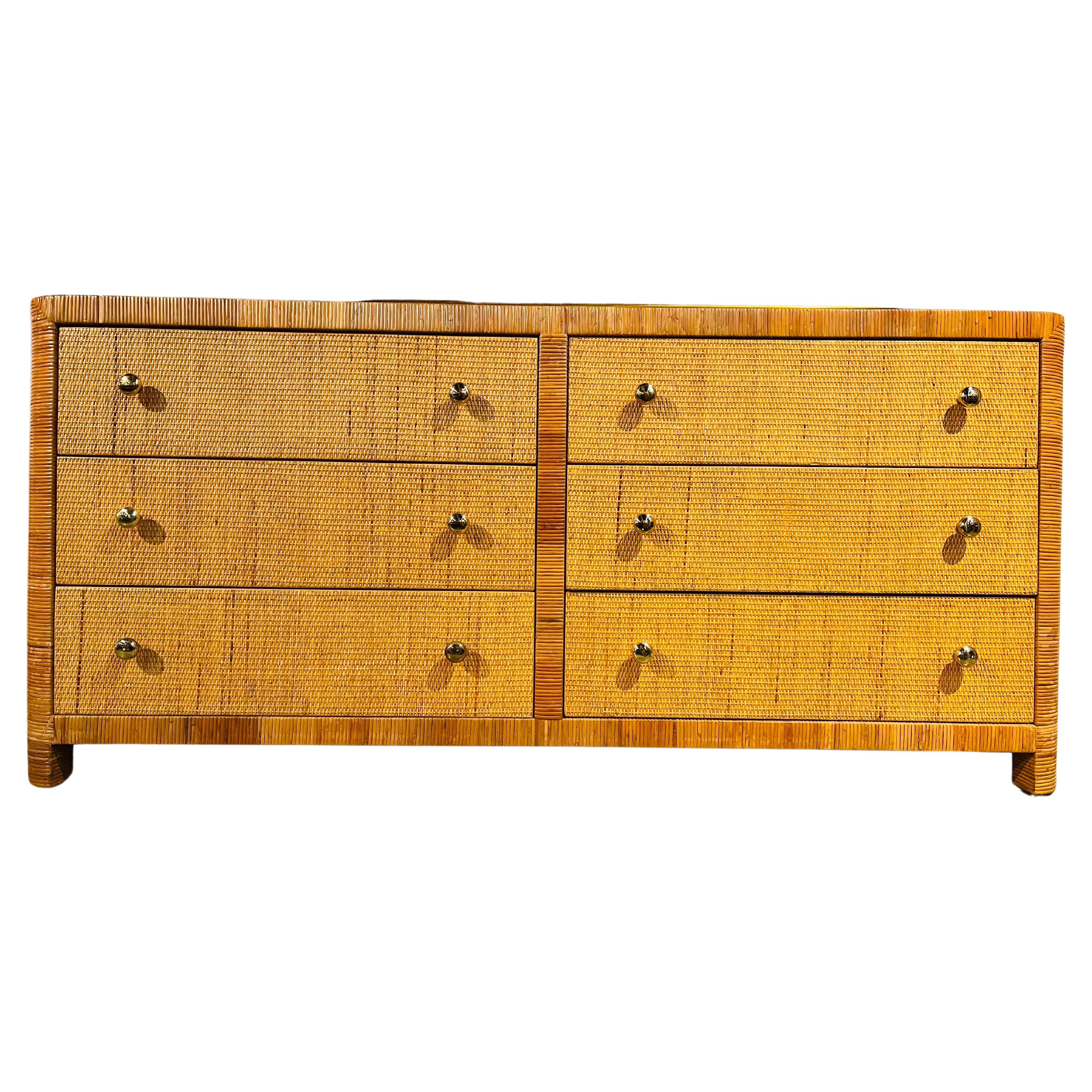 Bielecky Brothers Vintage Wrapped Rattan and Cane Six Drawer Chest or Cabinet For Sale