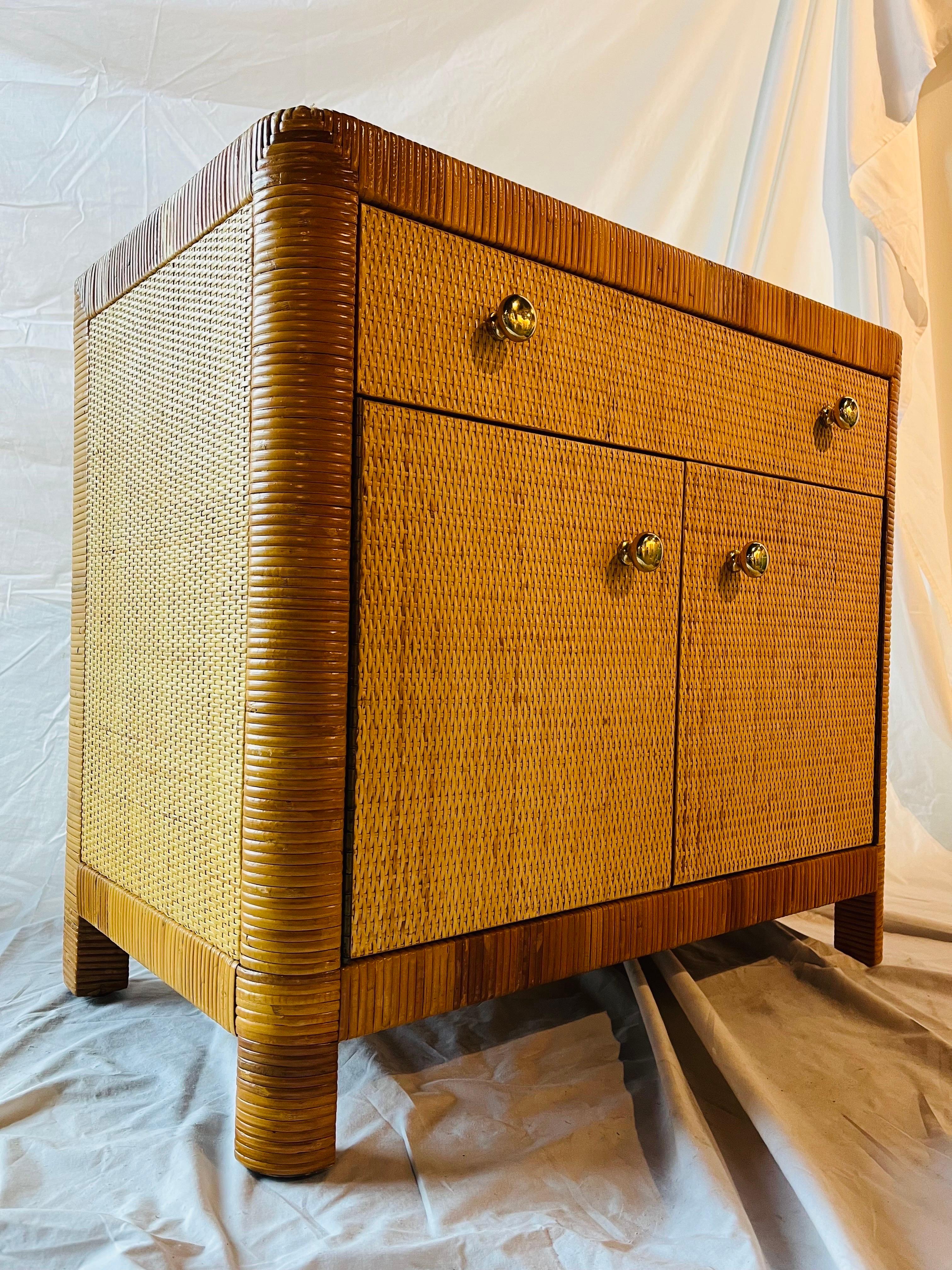 American Bielecky Brothers Vintage Wrapped Rattan and Cane Two Door One Drawer Cabinet For Sale