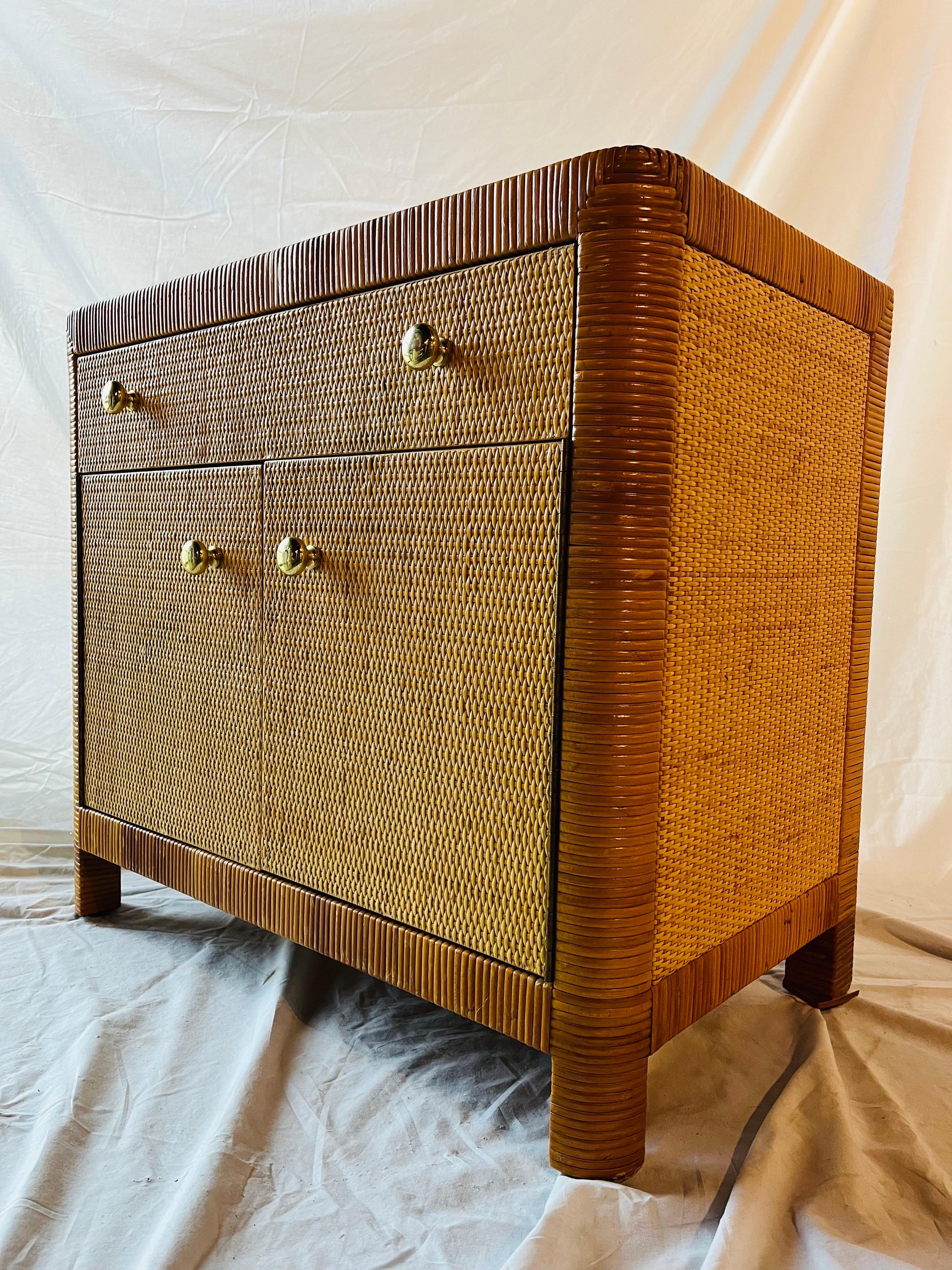 Bielecky Brothers Vintage Wrapped Rattan and Cane Two Door One Drawer Cabinet In Good Condition For Sale In Atlanta, GA