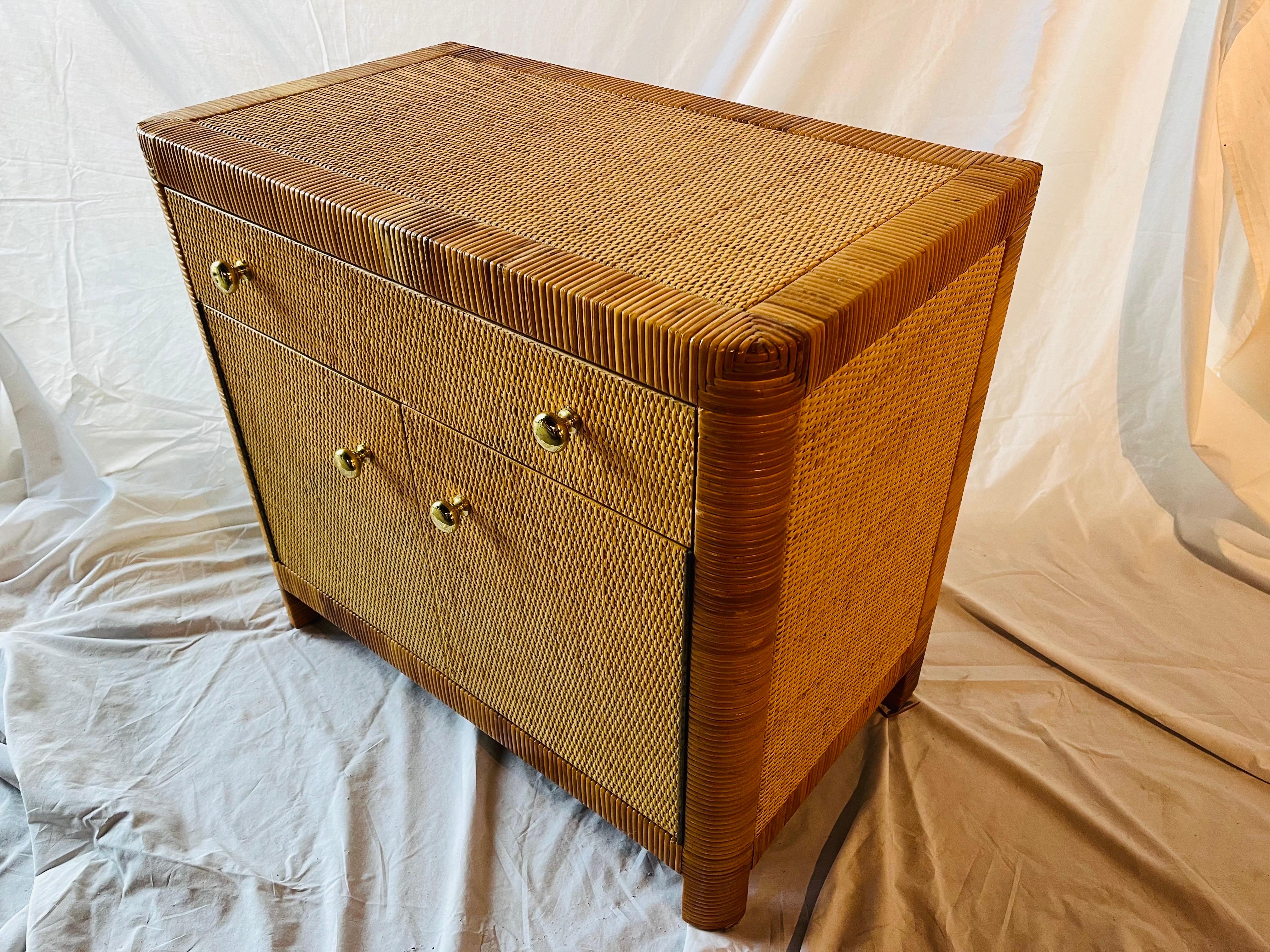 20th Century Bielecky Brothers Vintage Wrapped Rattan and Cane Two Door One Drawer Cabinet For Sale