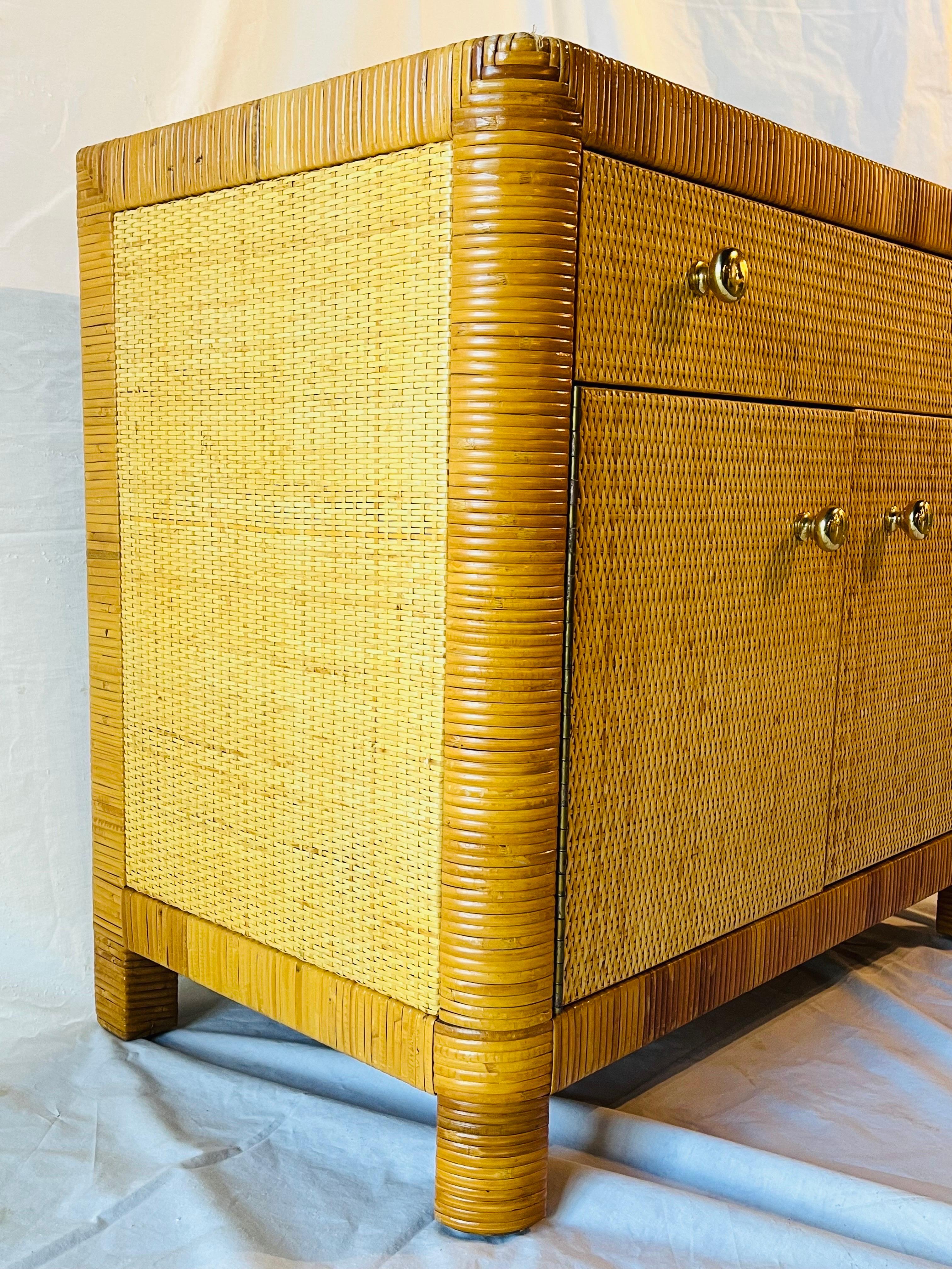 Bielecky Brothers Vintage Wrapped Rattan and Cane Two Door One Drawer Cabinet For Sale 1