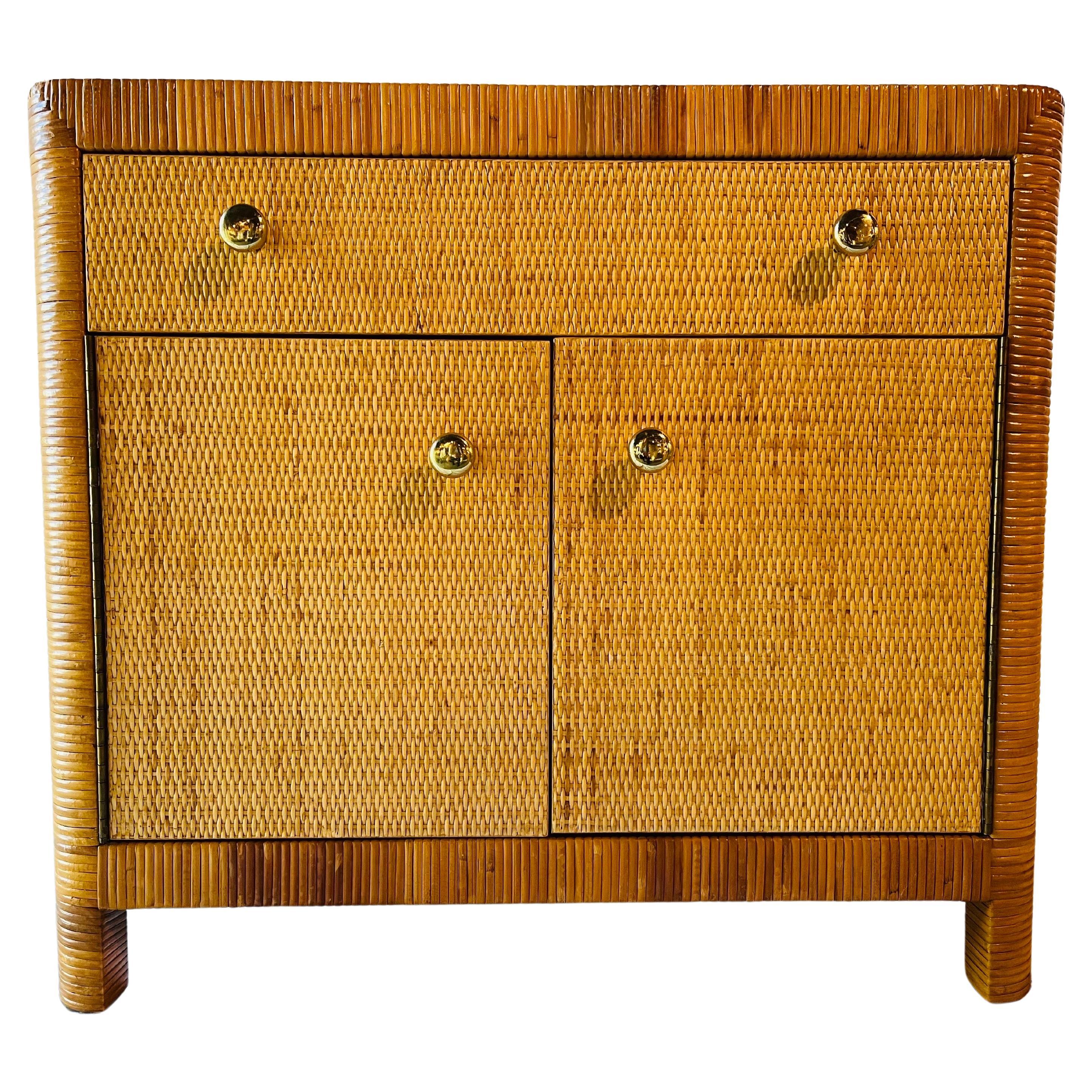 Bielecky Brothers Vintage Wrapped Rattan and Cane Two Door One Drawer Cabinet For Sale
