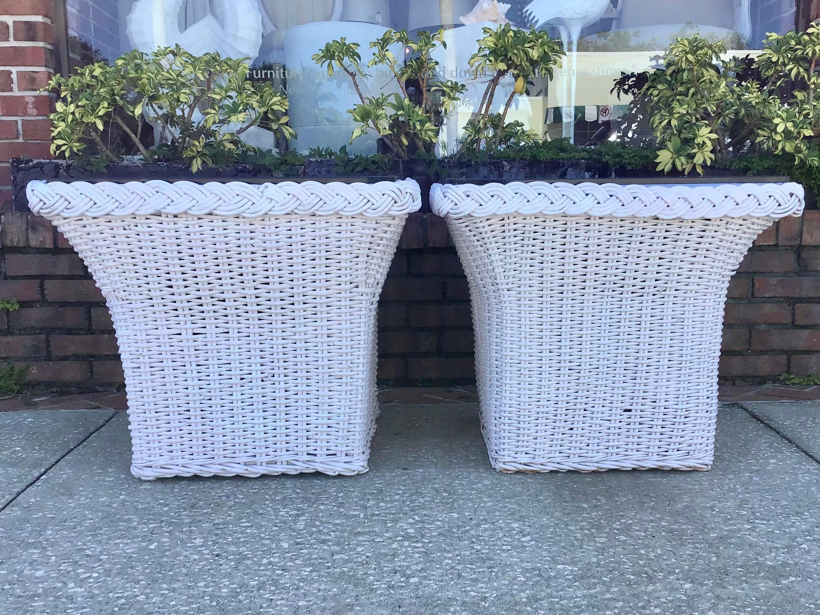 Bielecky Brothers Large pair of Boho Chic woven rattan square side tables with glass tops included. These would make great side tables with a coastal vibe.