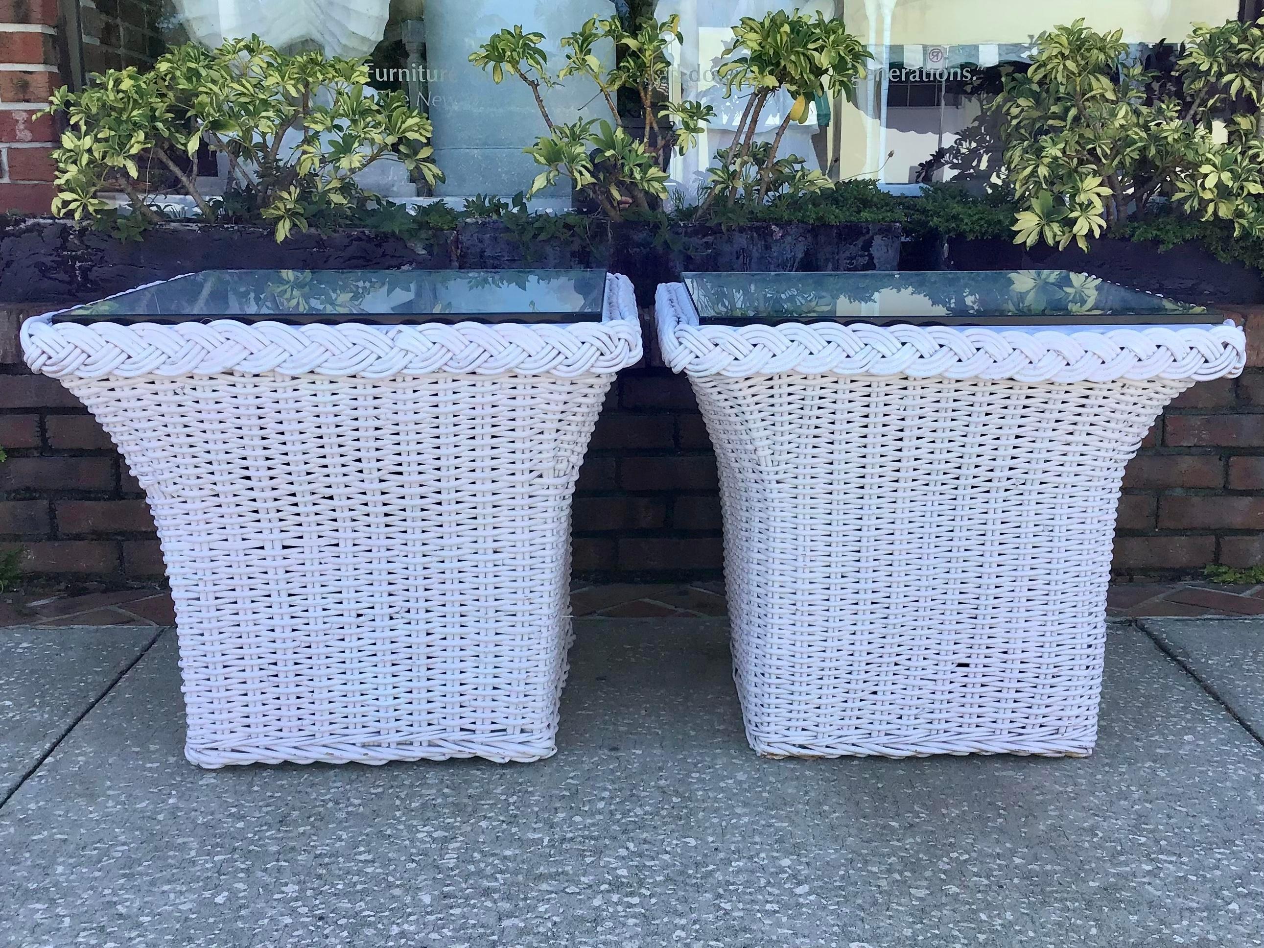 Modern Bielecky Brothers White Square Rattan Side Tables, a Pair For Sale