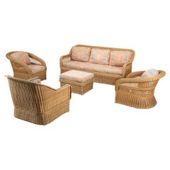 Vintage Bielecky Brothers Wicker Suite Sofa, Love Chair, Ottoman, Pair Chairs Made in NY