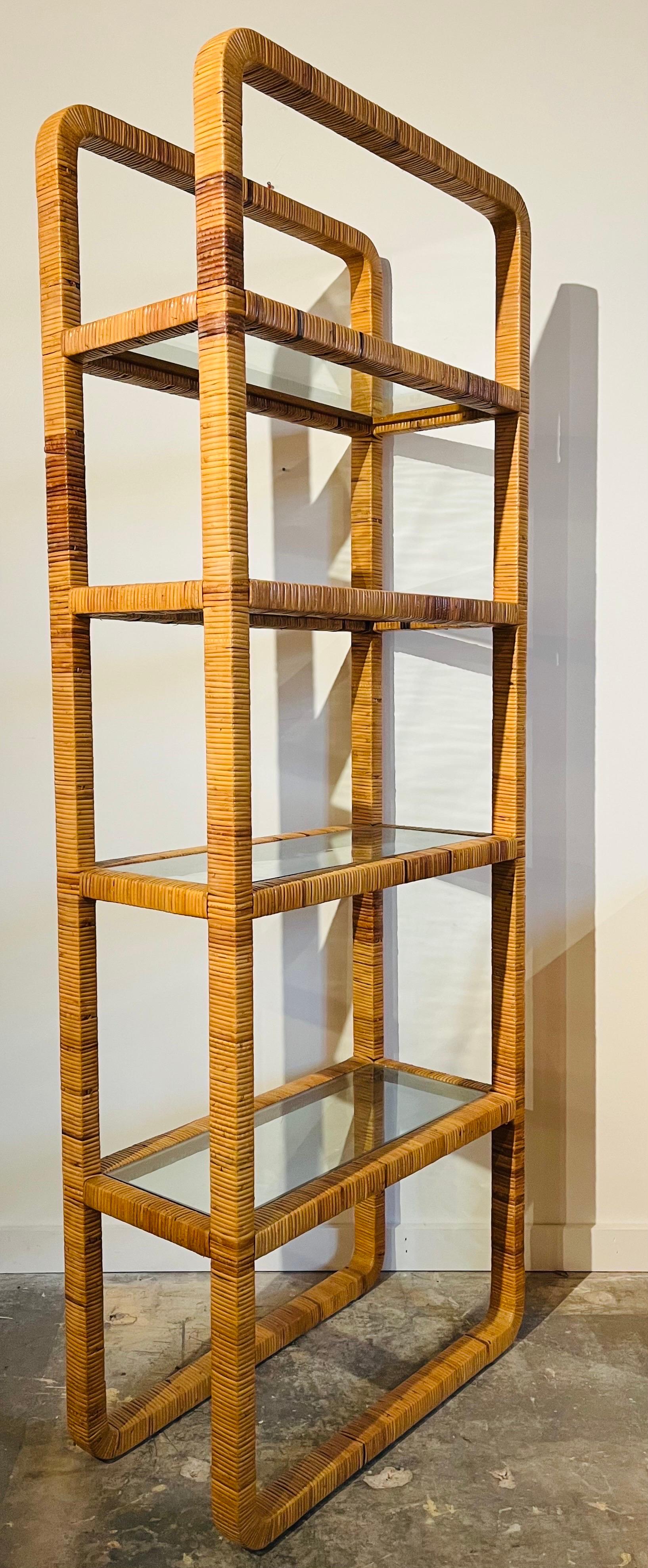 Bielecky Style Vintage Four Shelf Wrapped Rattan Etagere with Glass Shelving 4