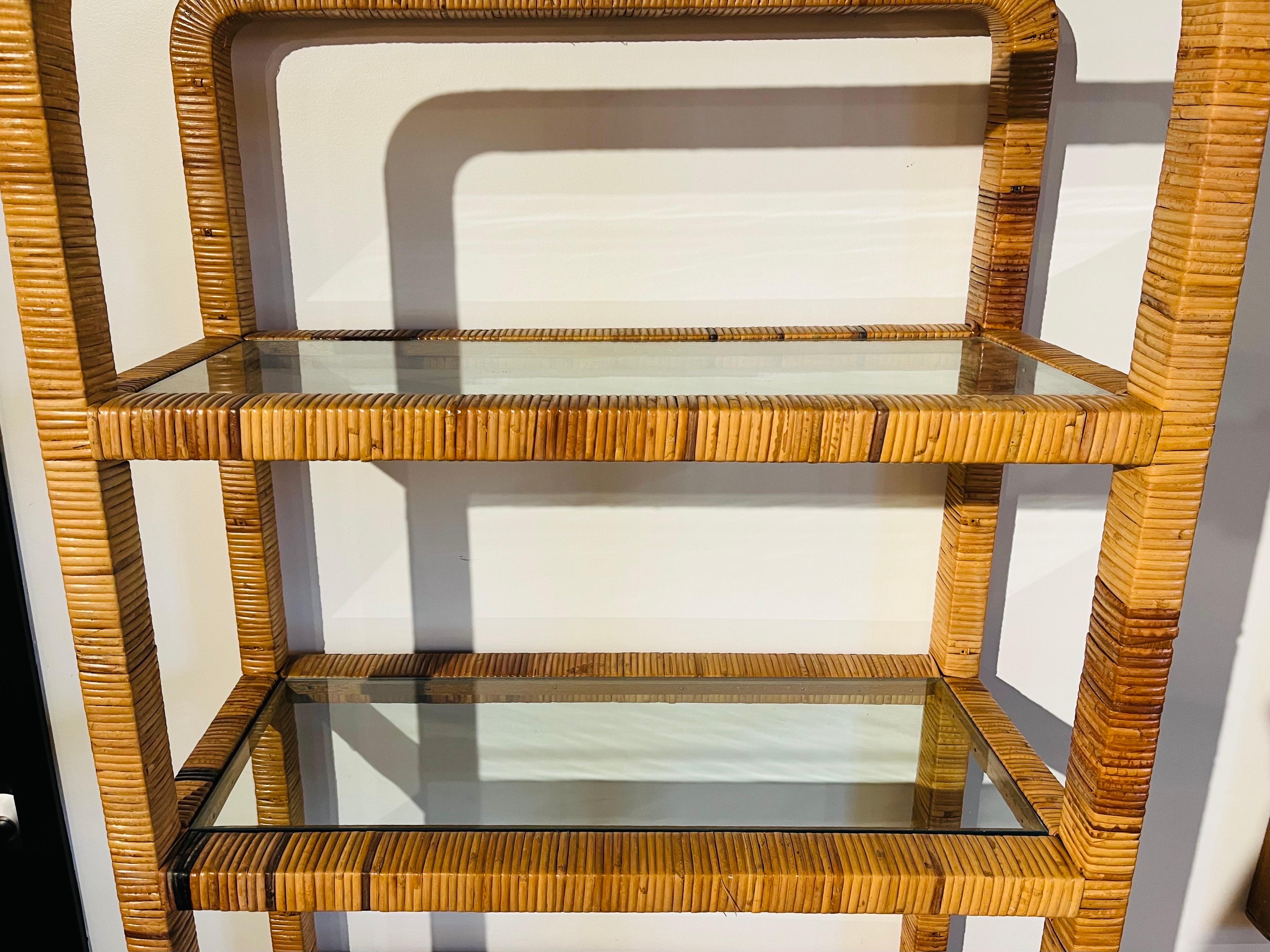 vintage rattan etagere with glass shelves
