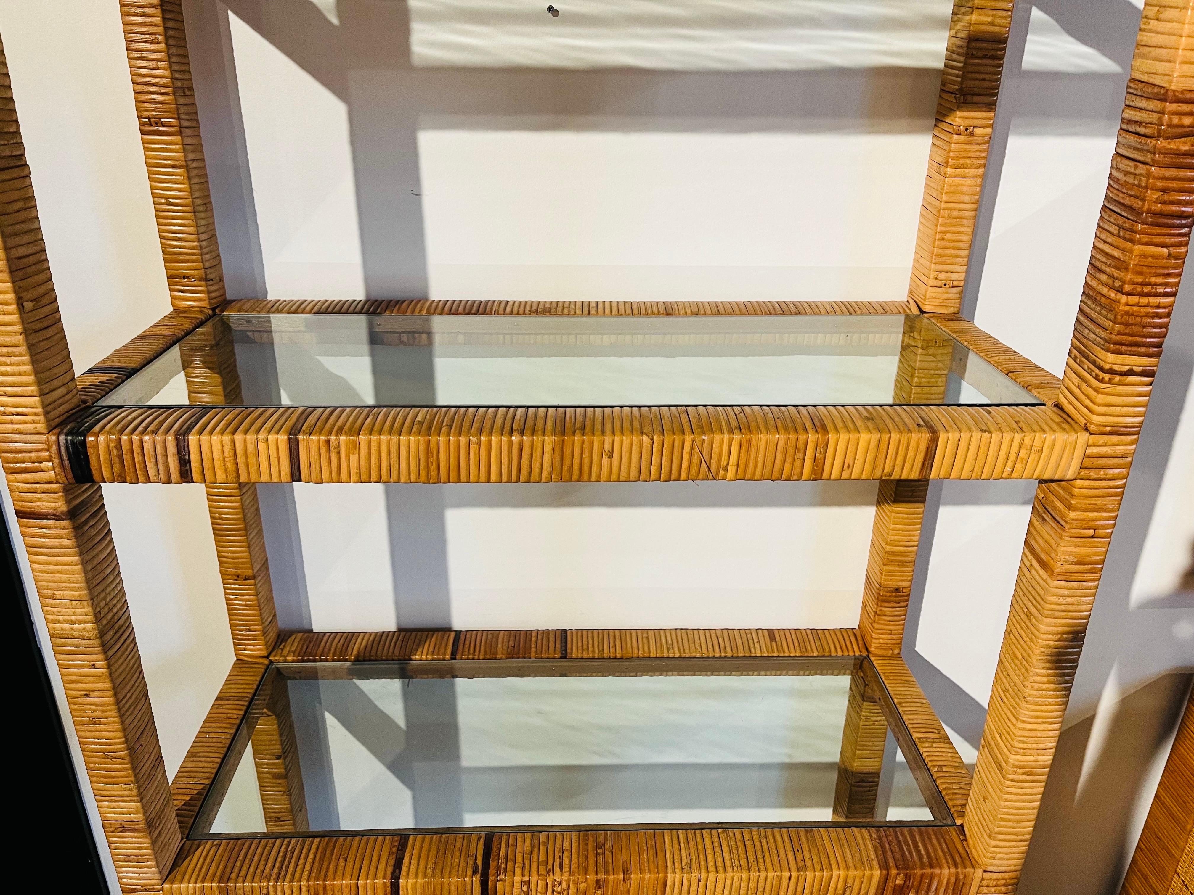 Hollywood Regency Bielecky Style Vintage Four Shelf Wrapped Rattan Etagere with Glass Shelving