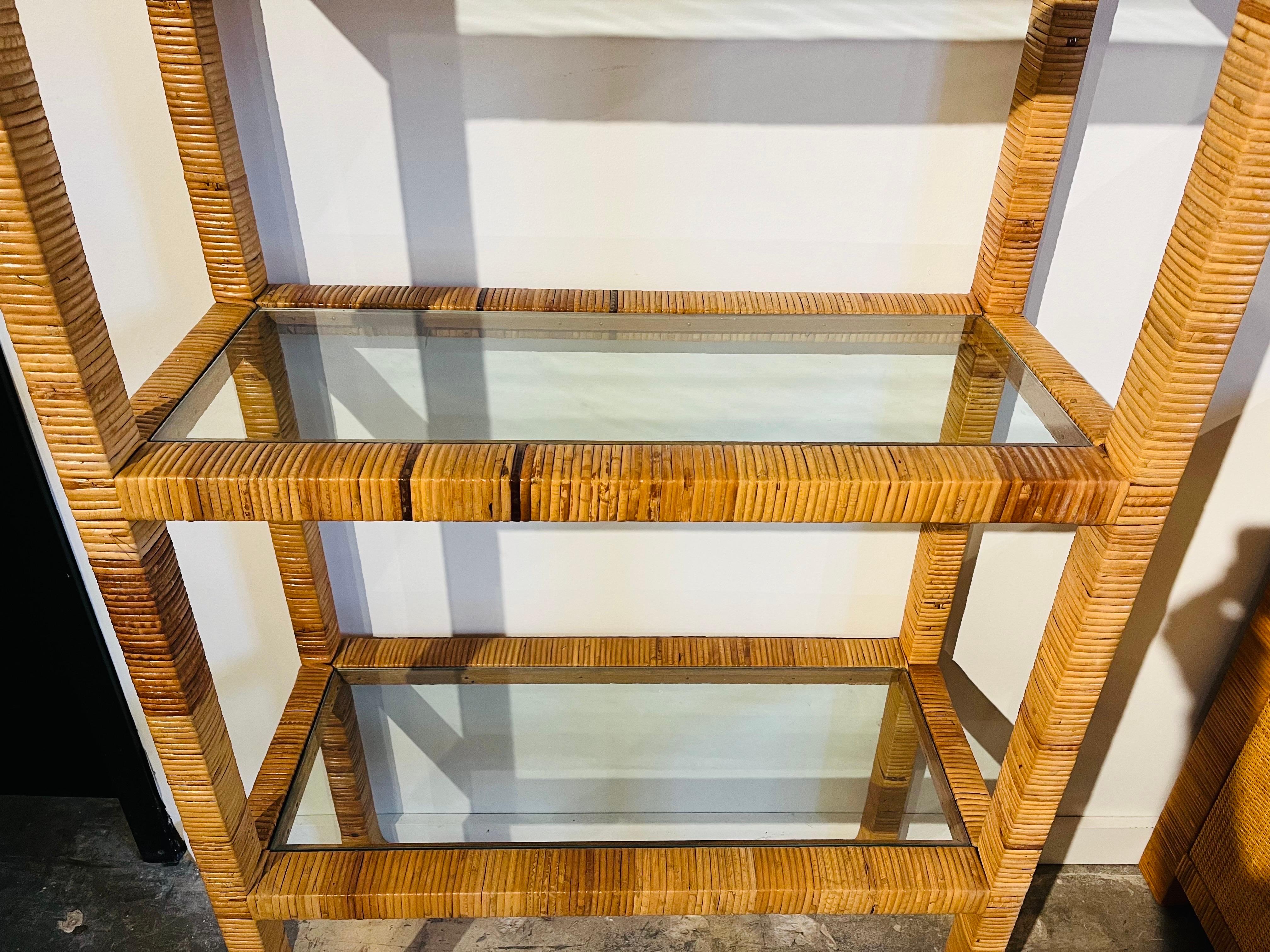 Bielecky Style Vintage Four Shelf Wrapped Rattan Etagere with Glass Shelving In Good Condition In Atlanta, GA