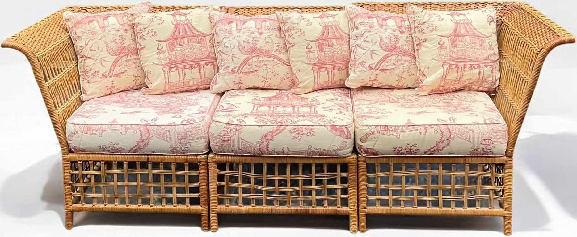 Bielecky Style Wicker Conversion Sofa - 2 Chairs & Ottoman W/ Chinoiserie Toile For Sale 3