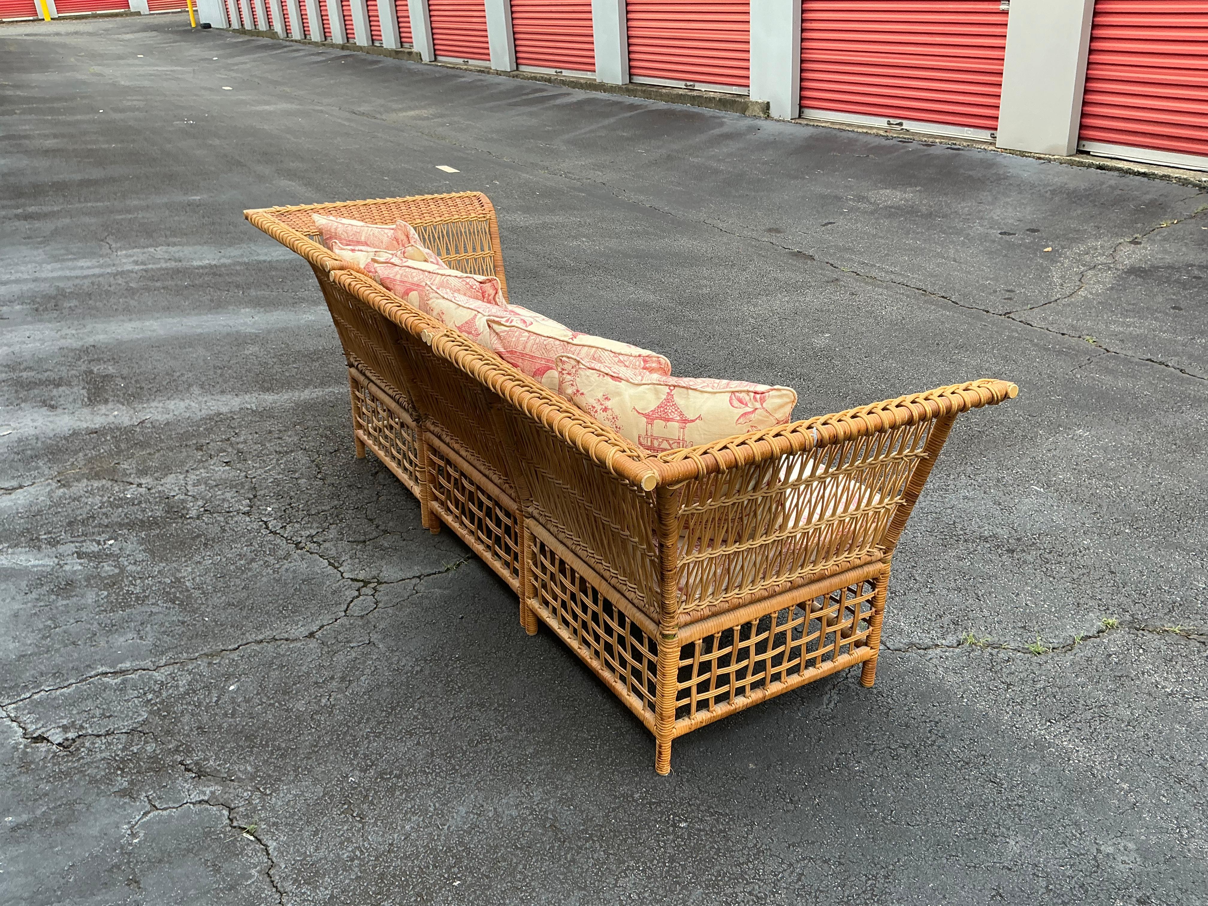 Bielecky Style Wicker Conversion Sofa - 2 Chairs & Ottoman W/ Chinoiserie Toile For Sale 4