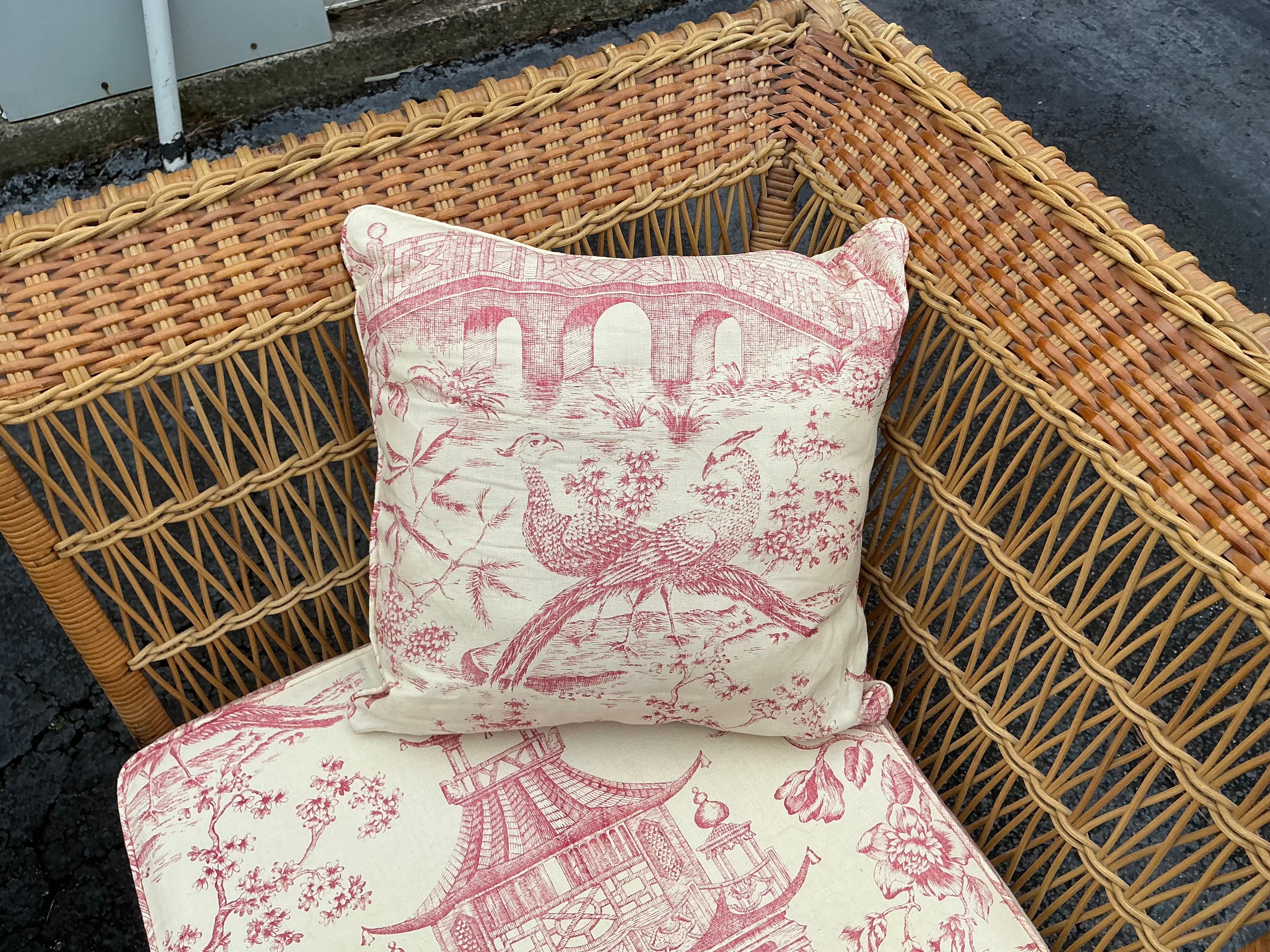Organic Modern Bielecky Style Wicker Conversion Sofa - 2 Chairs & Ottoman W/ Chinoiserie Toile For Sale