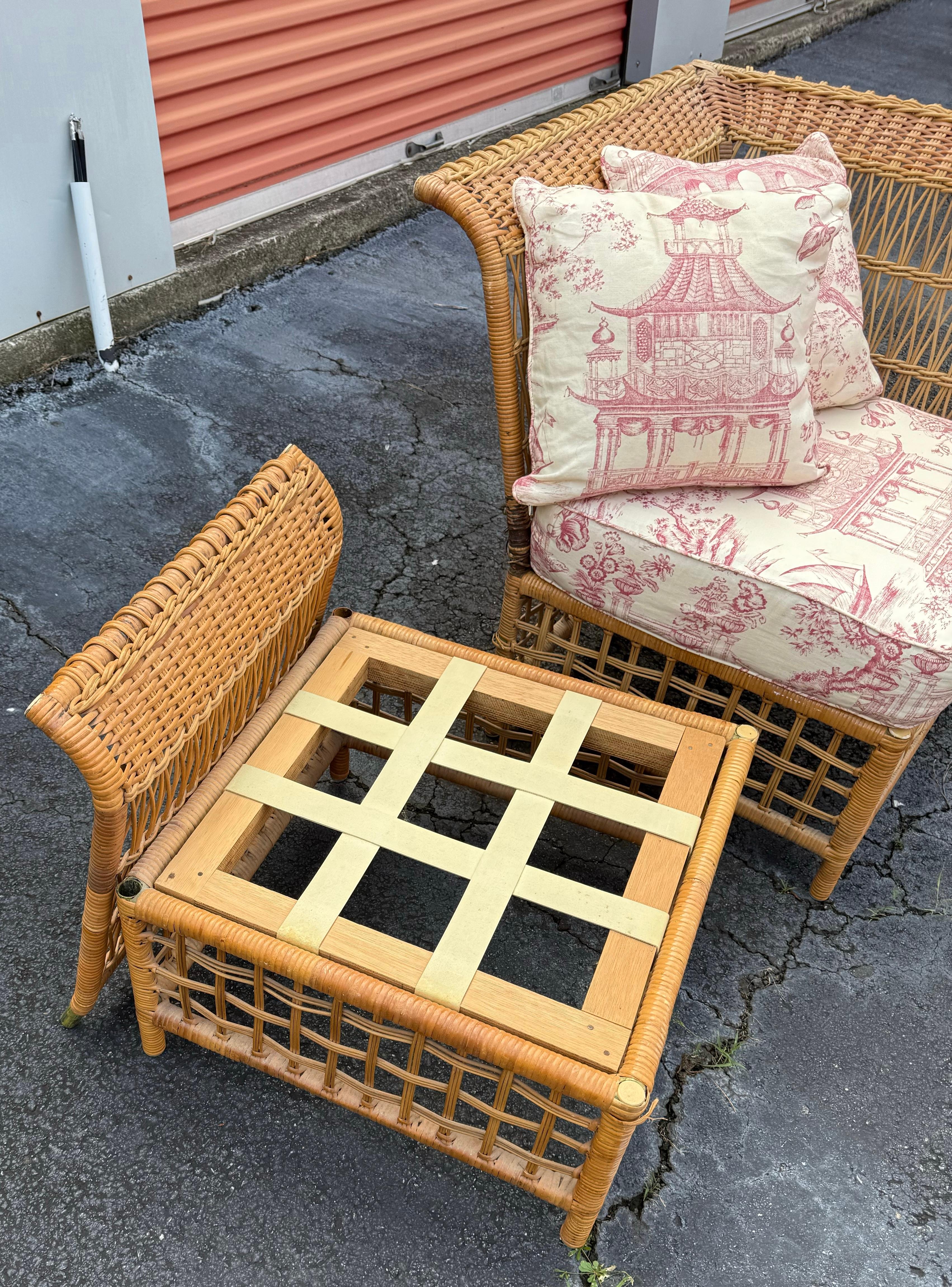 Bielecky Style Wicker Conversion Sofa - 2 Chairs & Ottoman W/ Chinoiserie Toile For Sale 1