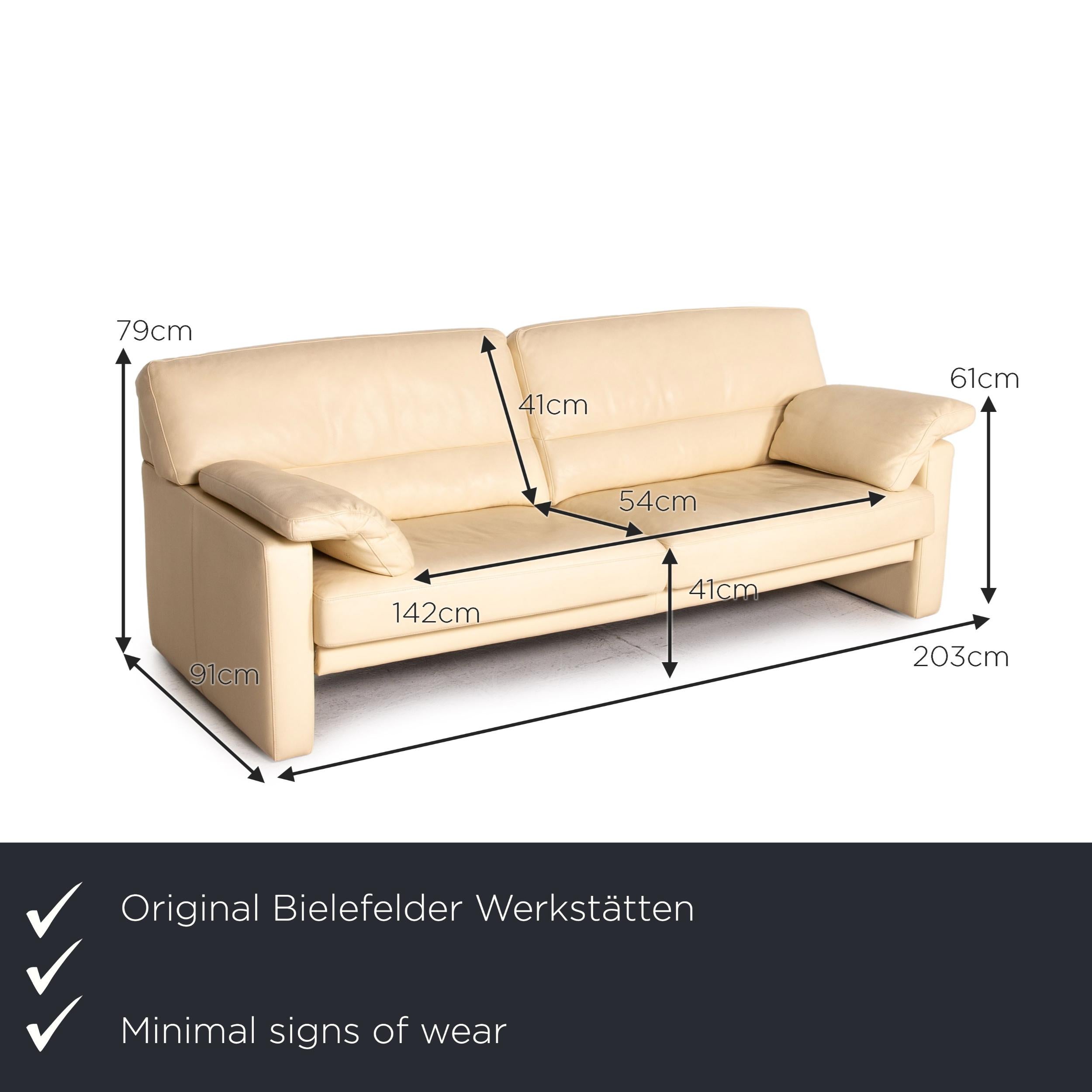 We present to you a Bielefelder Werkstätten leather sofa cream three-seater couch.
 

 Product measurements in centimeters:
 

Depth: 91
Width: 203
Height: 79
Seat height: 41
Rest height: 61
Seat depth: 54
Seat width: 142
Back height: