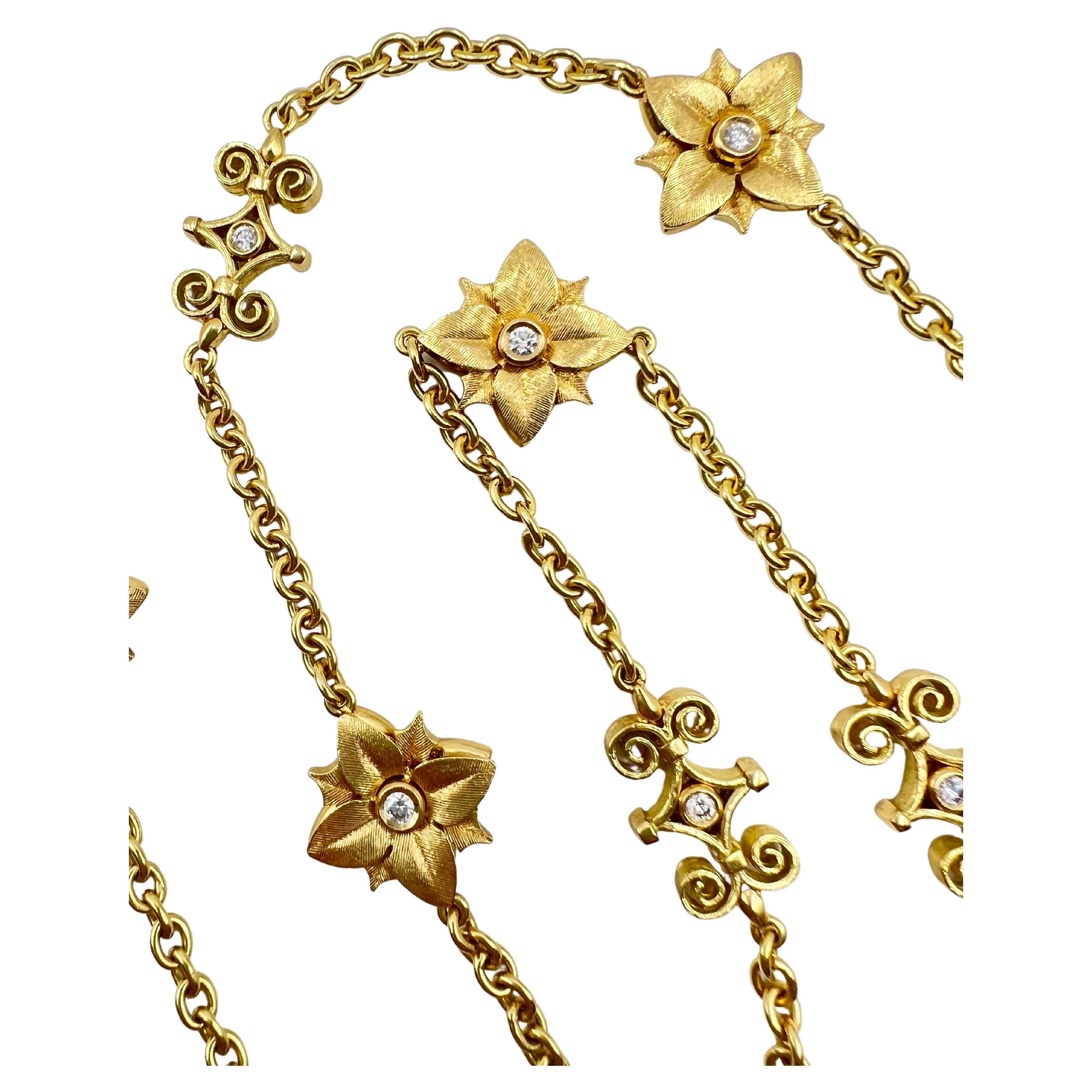 Bielka Filigrane Kette Halskette, 18 Karat Gold Diamant Blume (Brillantschliff)
