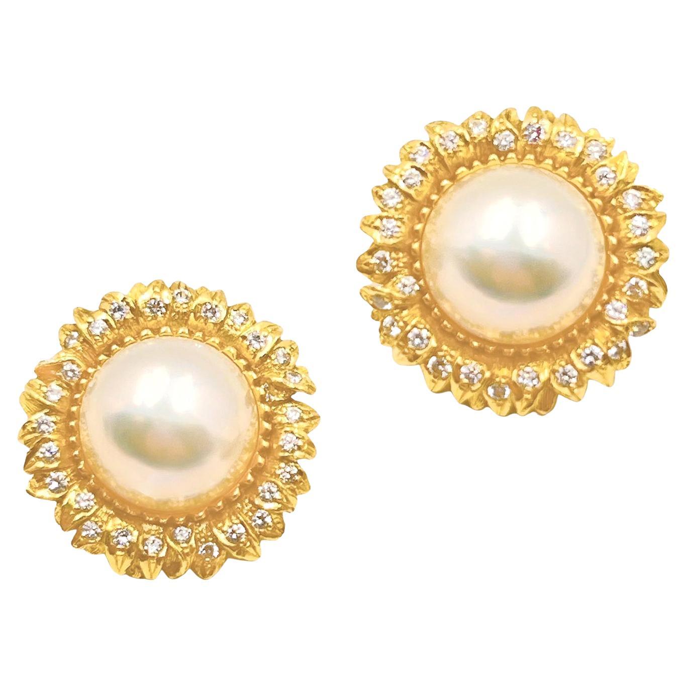 Bielka 18k Gold Mabe Pearl Diamond Sunflower Earrings For Sale