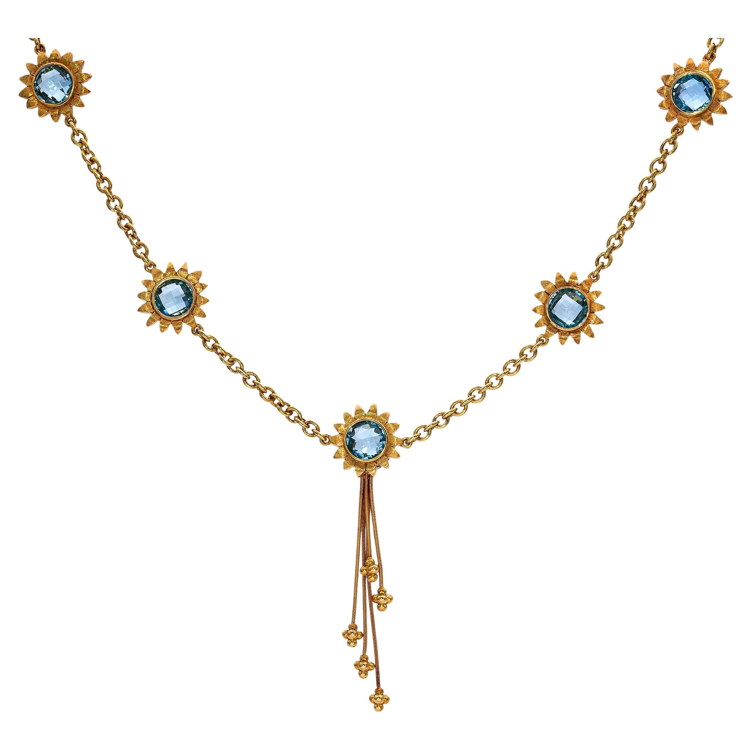 Bielka Collier tournesol en or jaune 18 carats et topaze bleue en vente