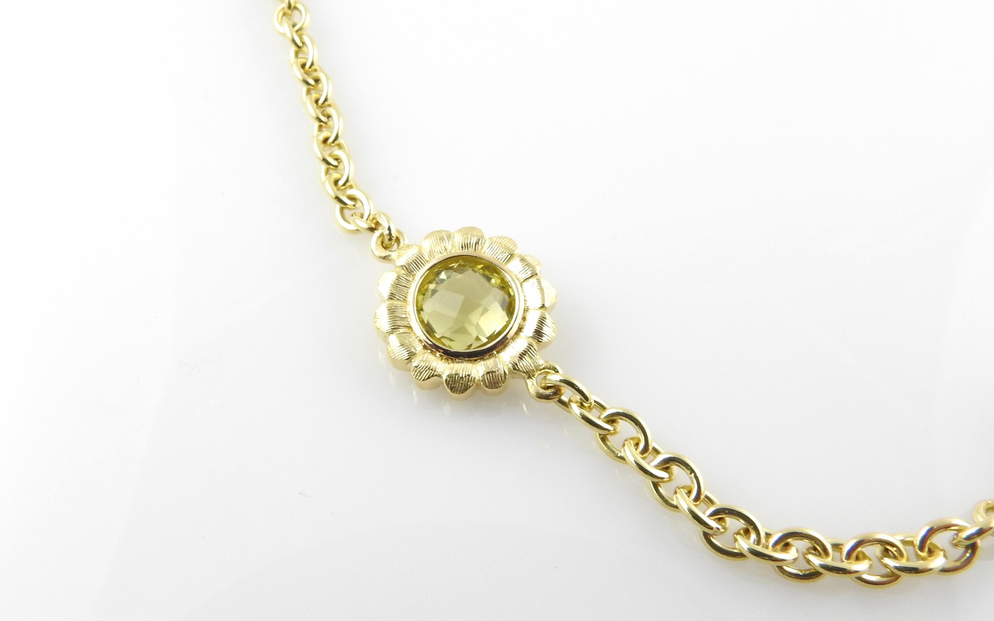 Bielka 18K Yellow Gold Citrine Sunflower Necklace

This gorgeous heavy chain link choker/necklace is set with 6 sunflower stations.

Each station is set with a faceted citrine stone. Each station is approx. .5