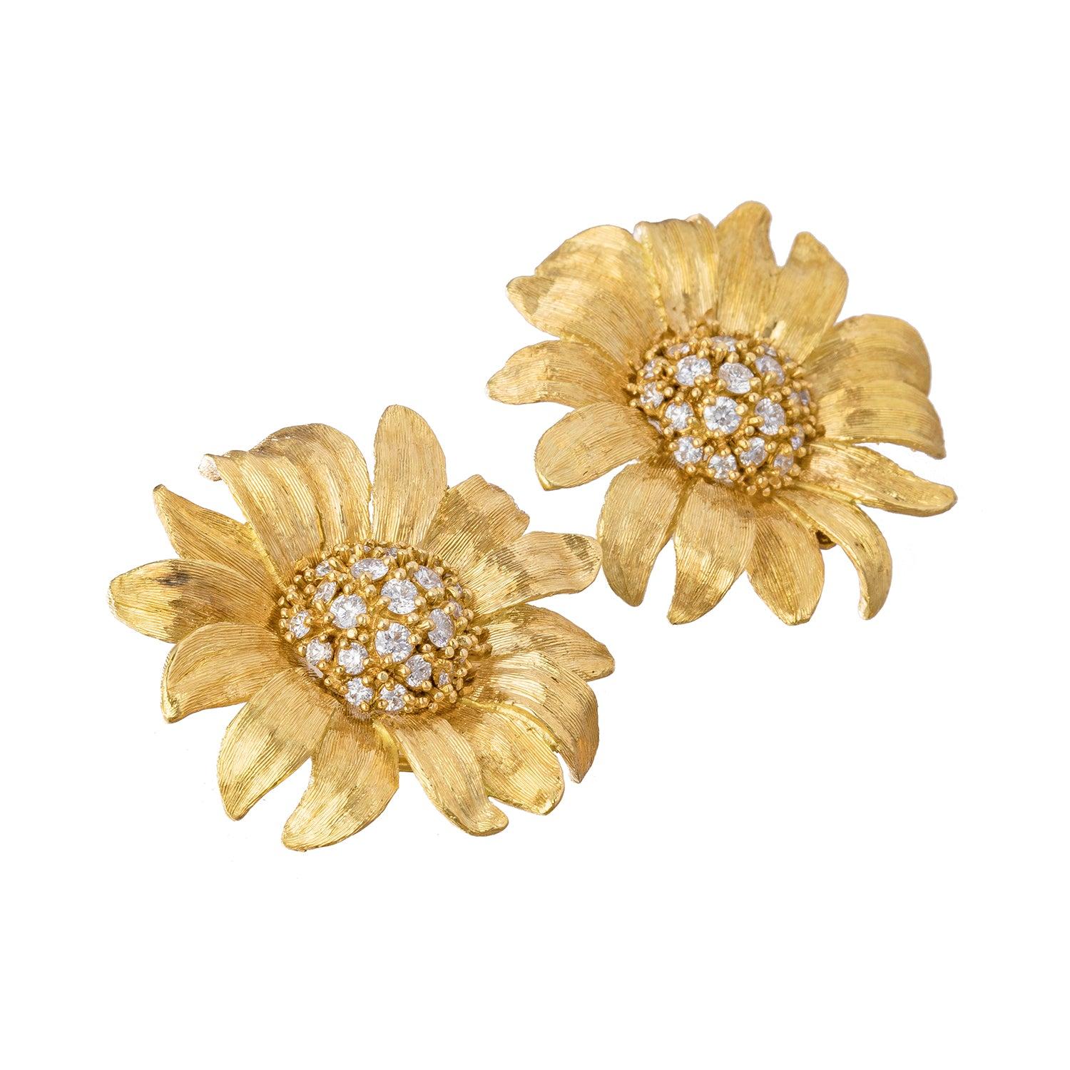 Bielka large sunflower earrings in hand-finished 18k yellow gold with a pave-set diamond domed center. Round brilliant-cut diamonds weighing 1.57 total carats. Clip backs (posts may be added upon customer request). Signed 