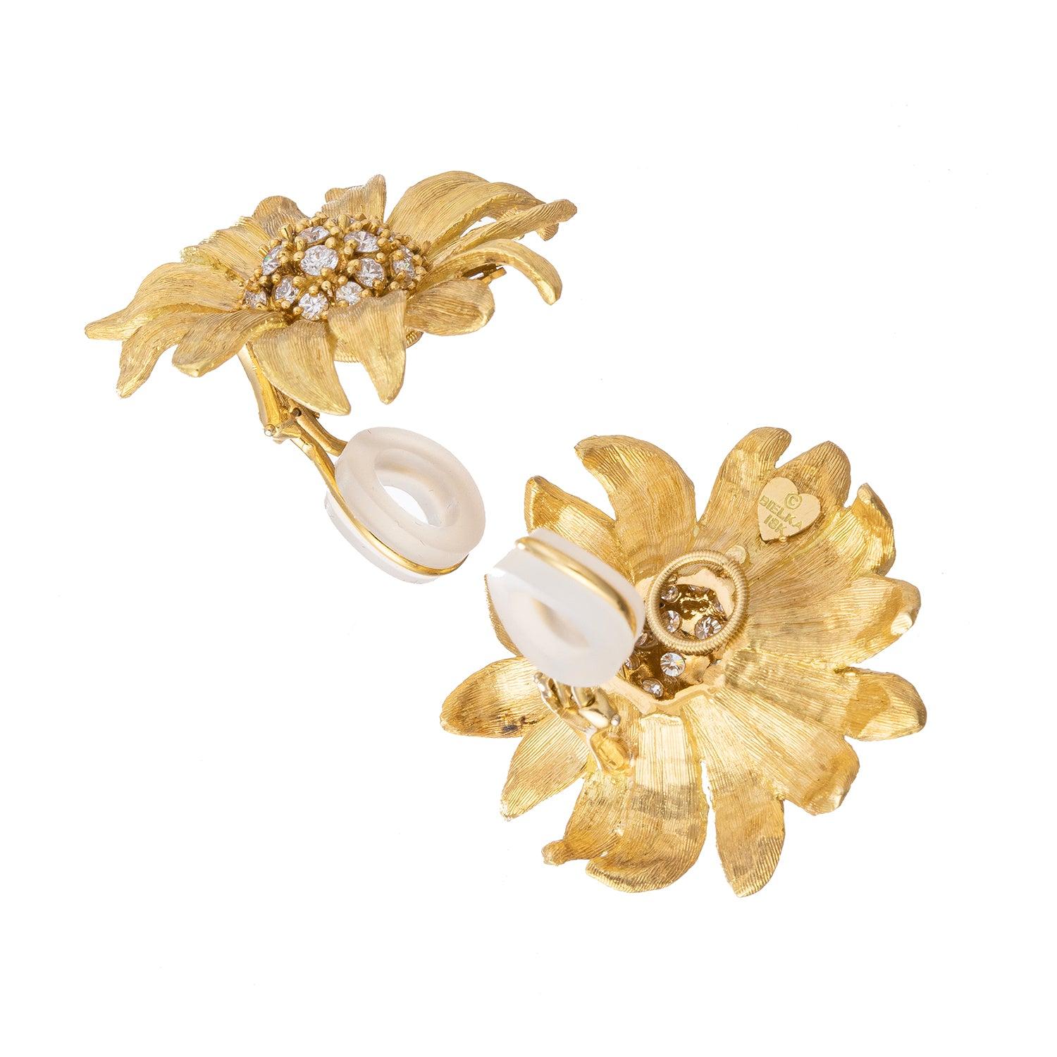 Brilliant Cut Bielka 18k Yellow Gold Diamond Large Sunflower Earrings For Sale