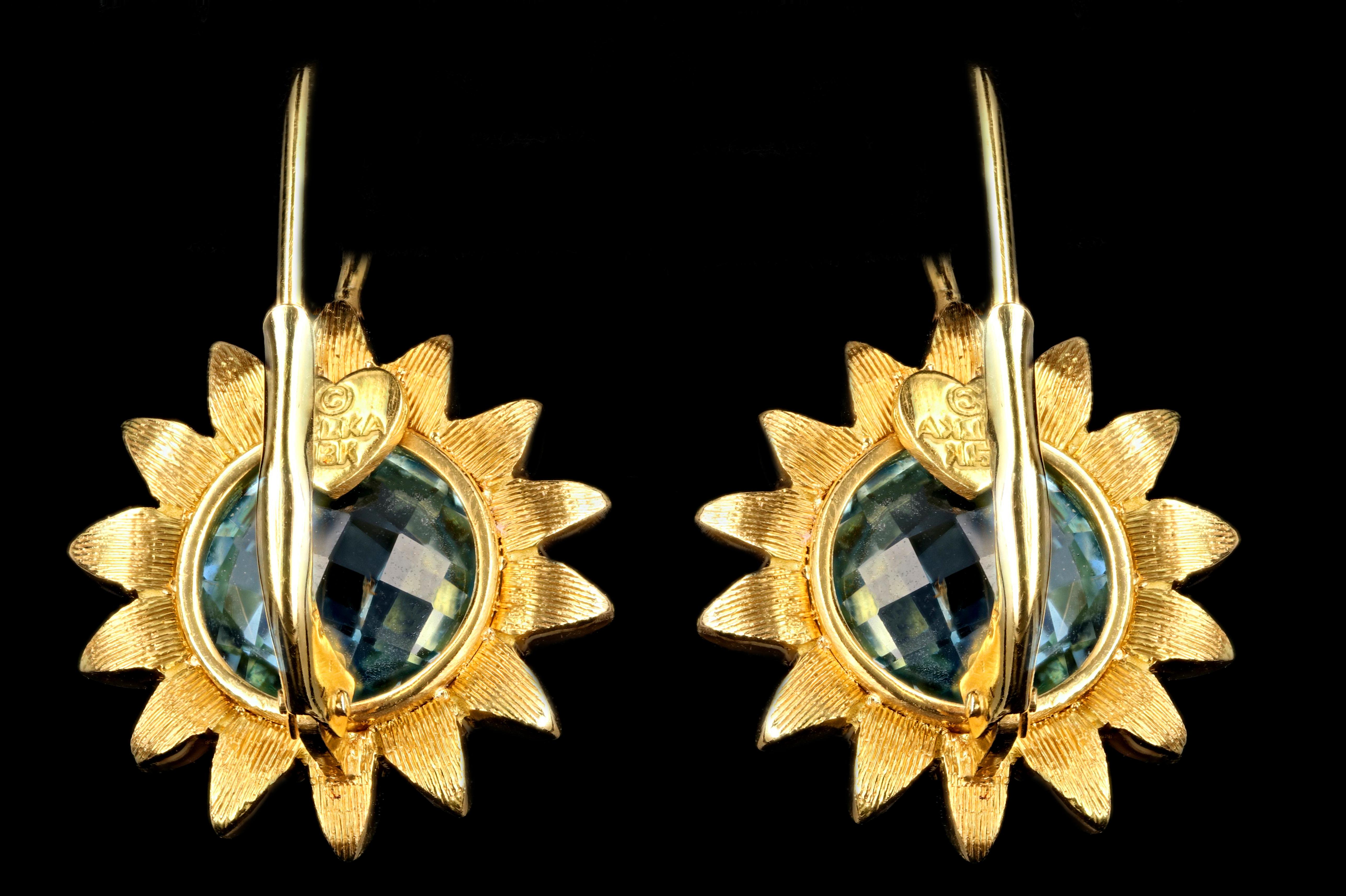 Bielka 18 Karat Yellow Gold Flower Blue Topaz Earrings In Excellent Condition In Cape May, NJ