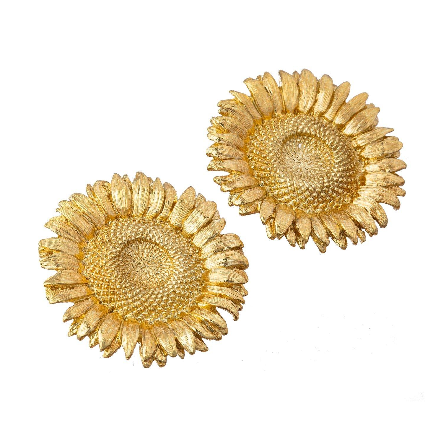 Bielka large sunflower earrings in hand-finished 18k yellow gold. Textured central seed area with miniature brushed leaves radiating out.  Omega clip backs (posts may be added upon customer request). Signed 