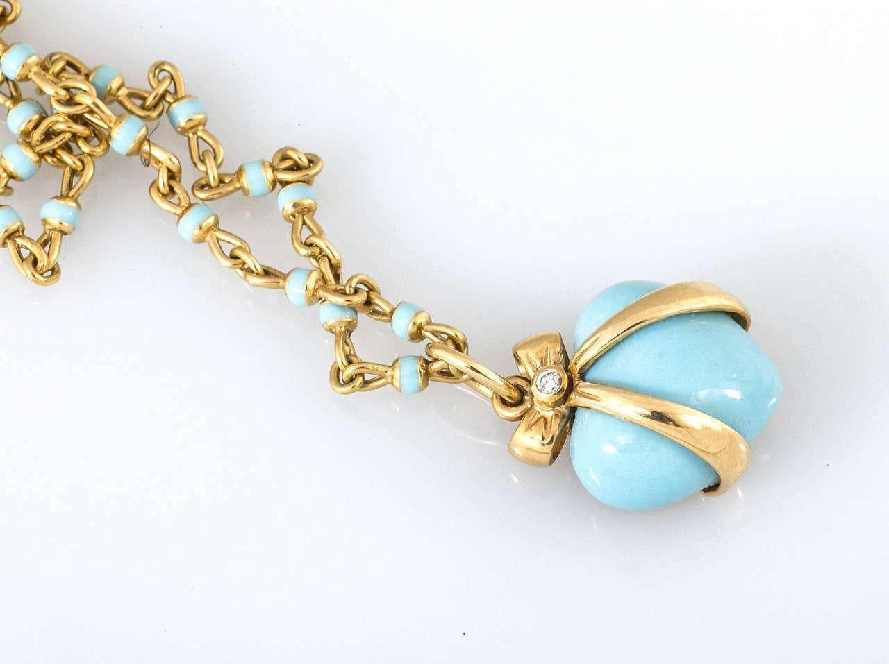 Bielka 18 Karat Gold and Turquoise Enamel Heart Pendant on Chain with Diamonds In Good Condition In Stamford, CT