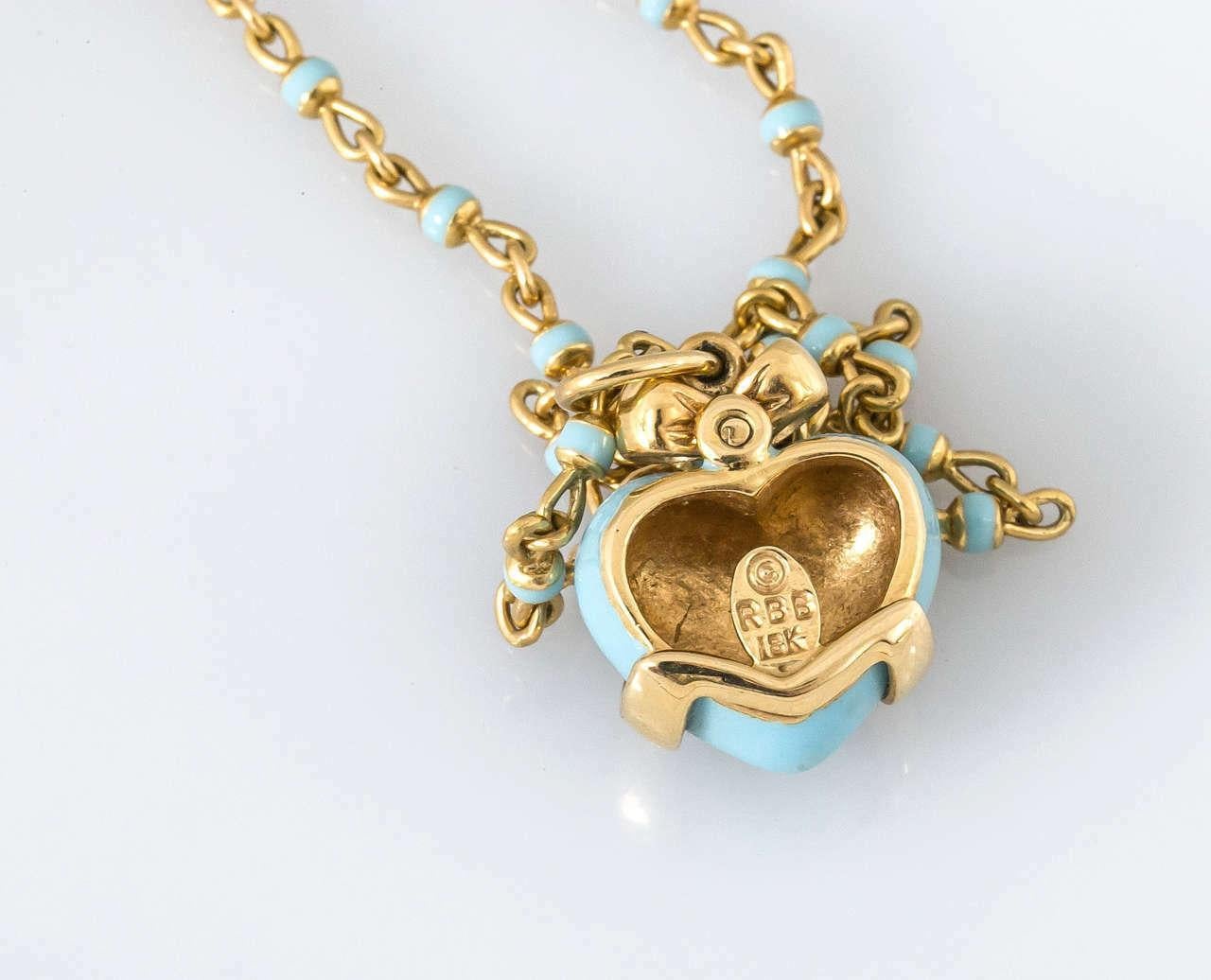 Women's or Men's Bielka 18 Karat Gold and Turquoise Enamel Heart Pendant on Chain with Diamonds