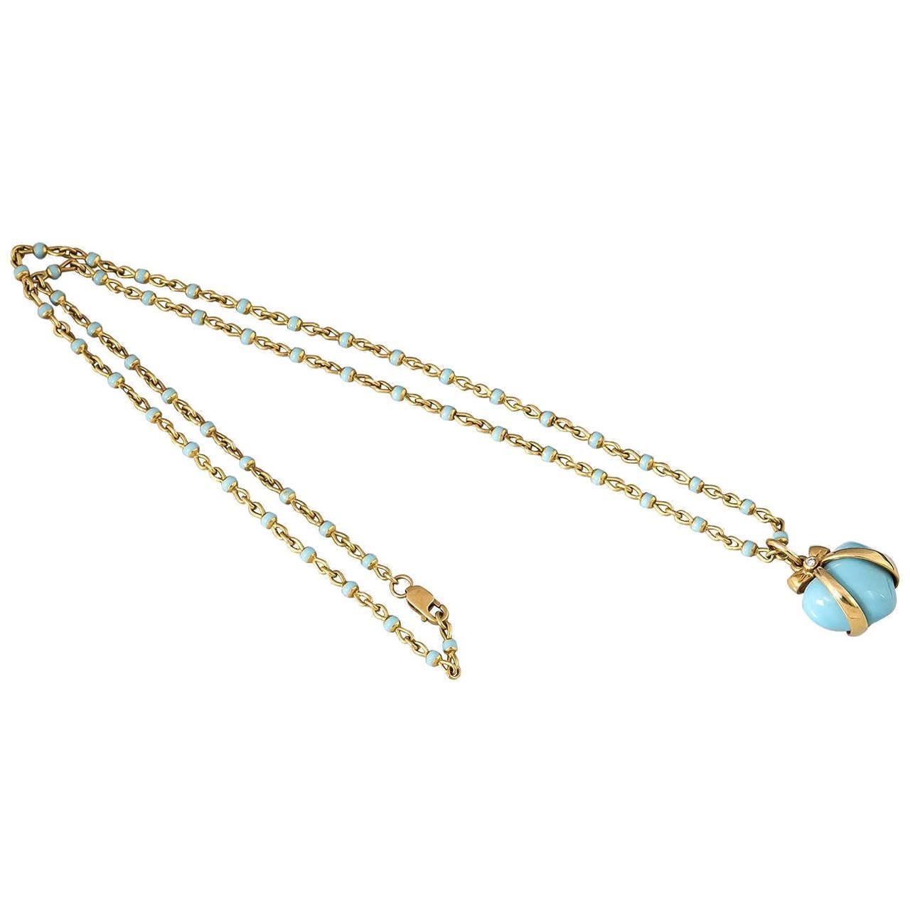Bielka 18 Karat Gold and Turquoise Enamel Heart Pendant on Chain with Diamonds