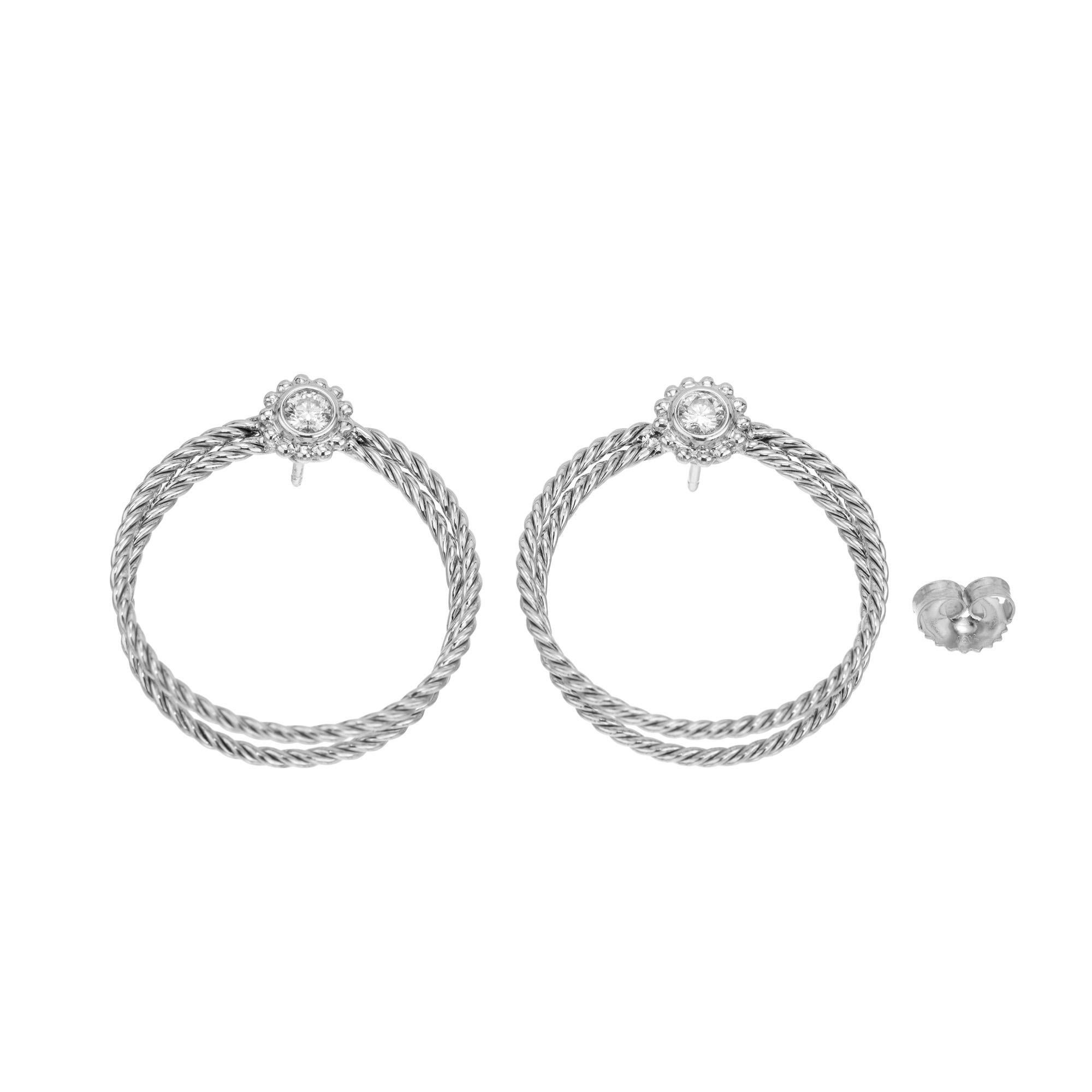 Round Cut Bielka .30 Carat Diamond Twisted Wire Gold Hoop Earrings For Sale