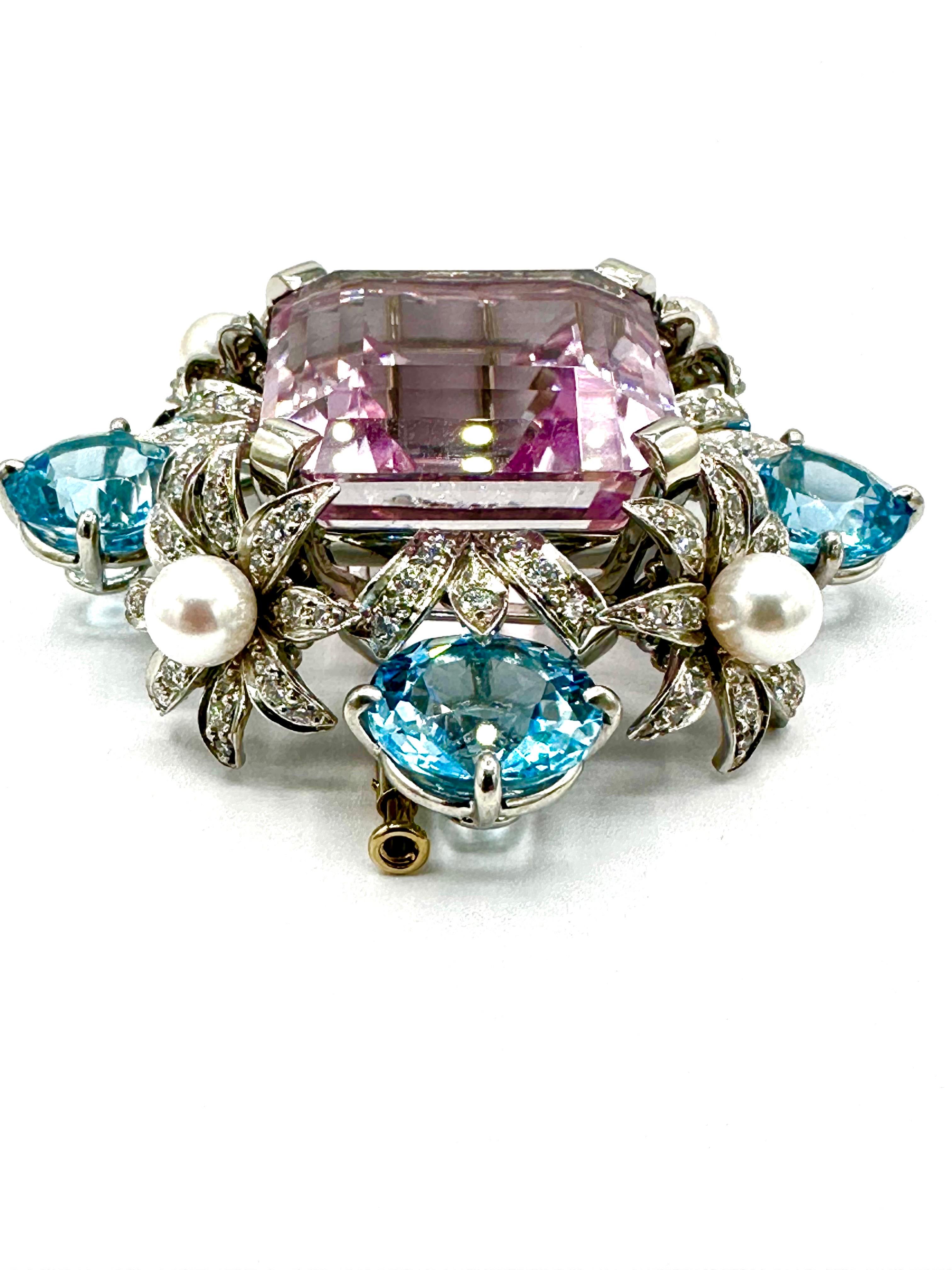 Bielka 60.00 Carat Kunzite, Blue Topaz, Diamond & Pearl Platinum Brooch In Excellent Condition For Sale In Chevy Chase, MD