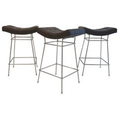 Bienal Stools with Chromed Steel Bases 
Quilted Brown Dark Leather Seats