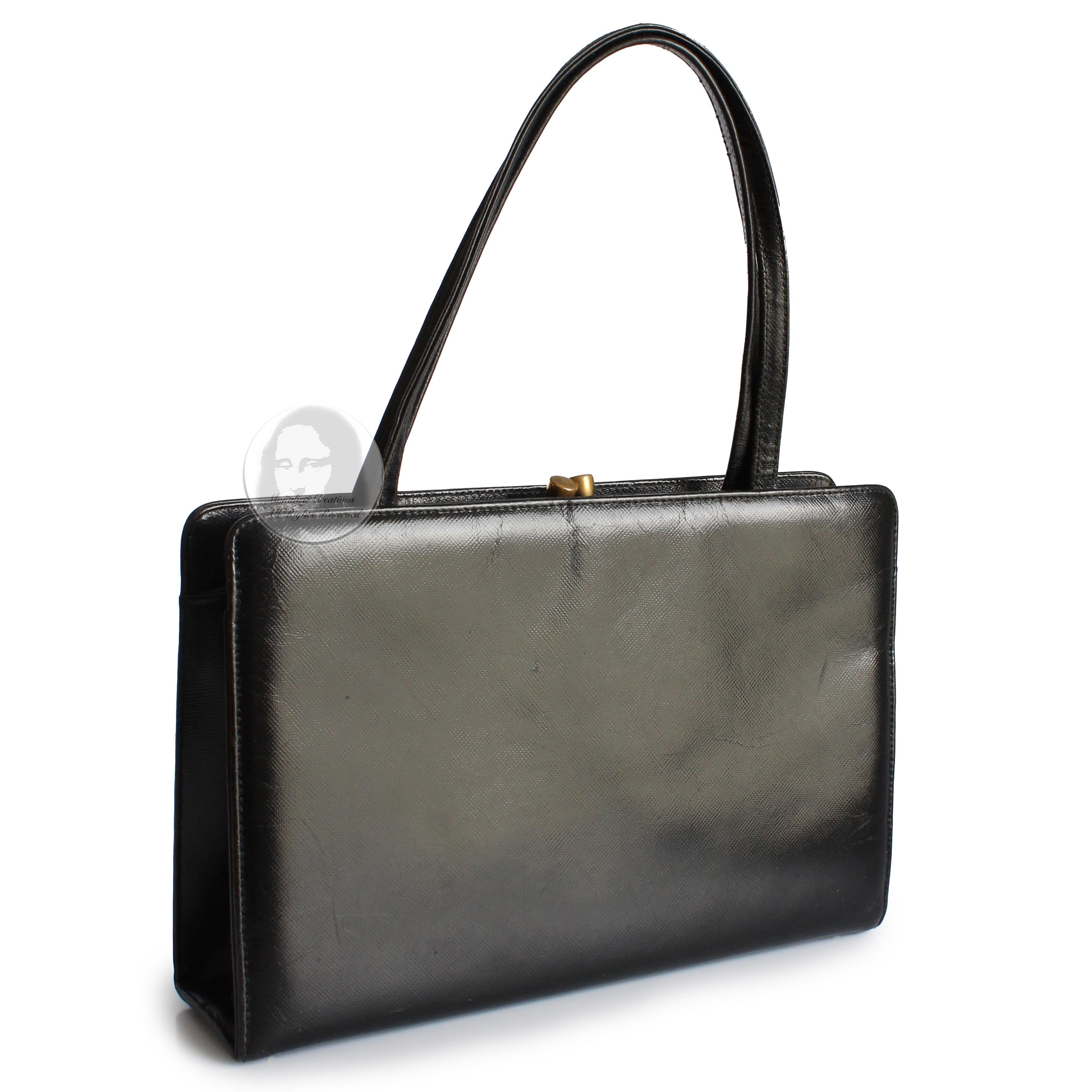 Bienen-Davis Evening Bag Black Saffiano Textured Leather Rare Vintage 1970s For Sale 1