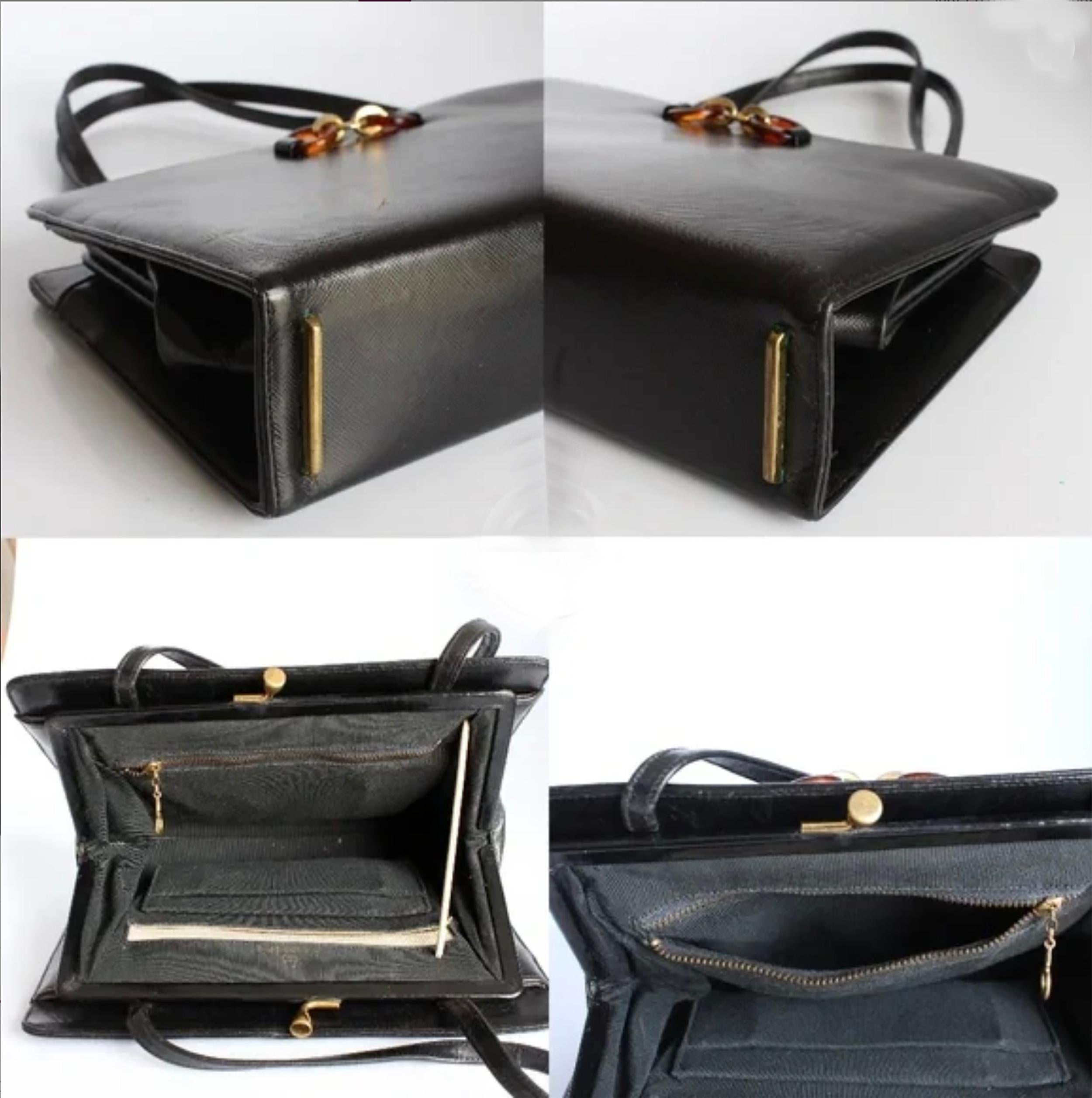 Bienen-Davis Abendtasche aus strukturiertem Leder aus schwarzem Saffiano in Schwarz, selten, 1970er Jahre im Zustand „Gut“ im Angebot in Port Saint Lucie, FL