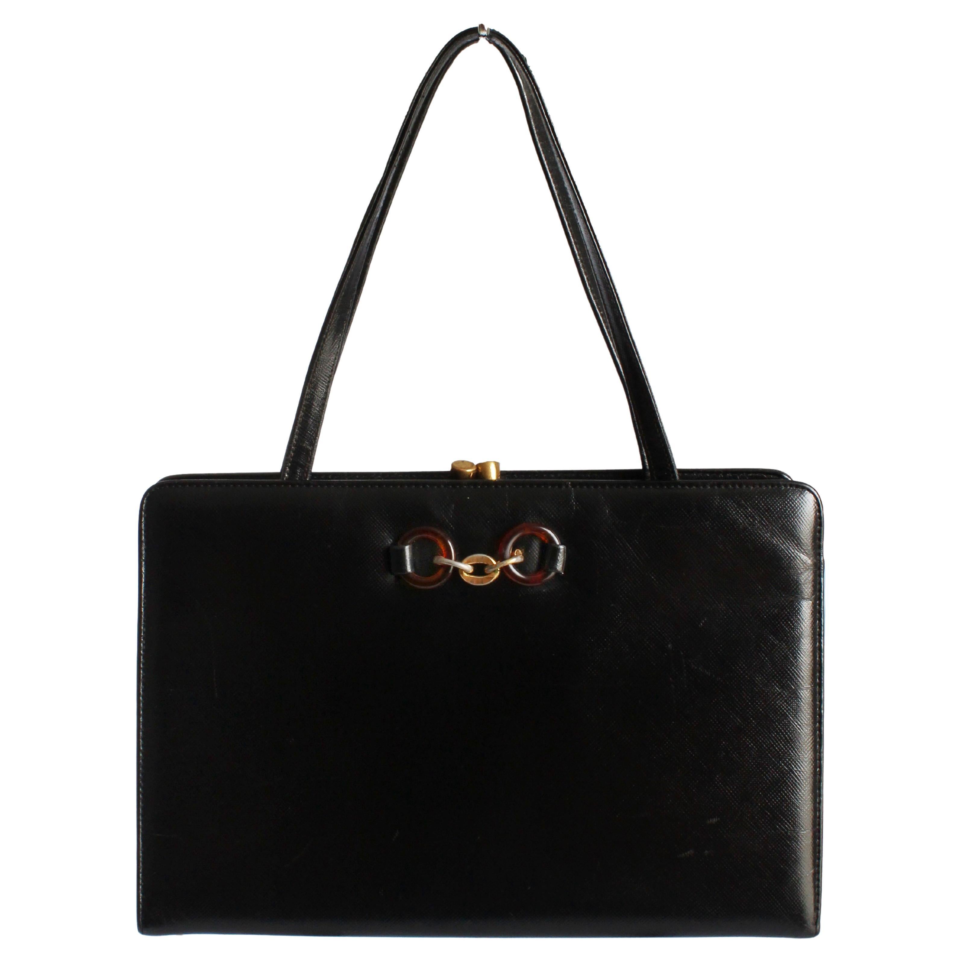 Bienen-Davis Evening Bag Black Saffiano Textured Leather Rare Vintage 1970s For Sale