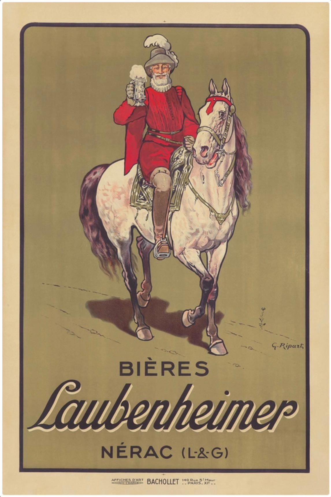 Artist: Georges Ripart (French, 1871 – 1933)

Date of Origin: 1905

Medium: Original Stone Lithograph Vintage Poster

Size: 27×32”

 

Ripart depicts King Henry IV atop his famous white horse to promote this southwestern French beer’s connection to