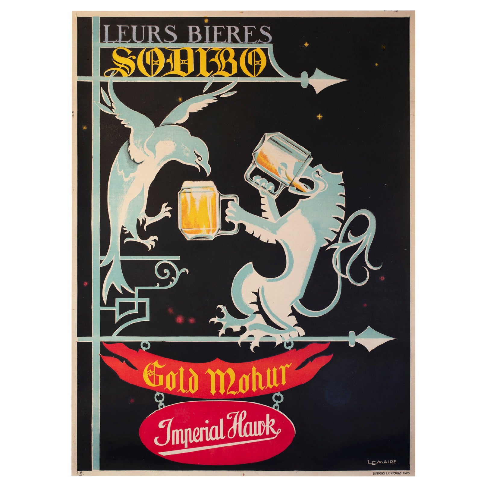 Poster pubblicitario per birra e alcolici di Bier Sodibo 1928, Lemaire in vendita