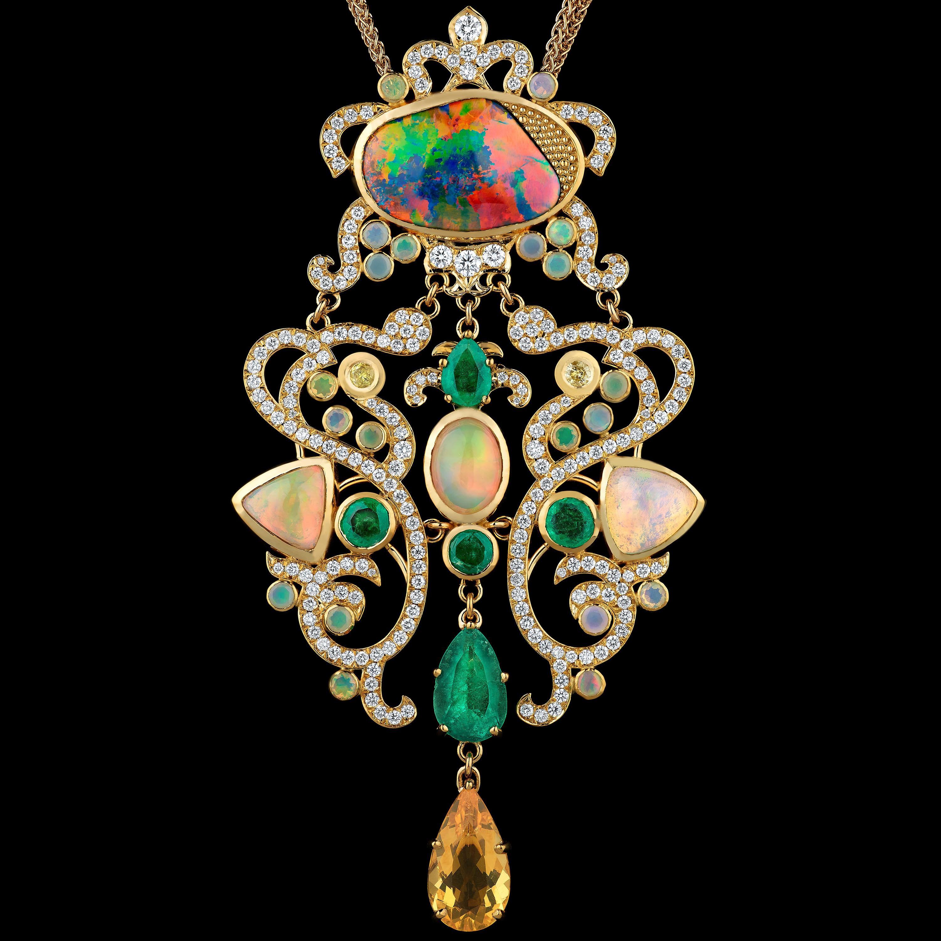 High Victorian 18 Karat Yellow Gold Opals Emeralds Diamonds Pendant Necklace Colorful Classic For Sale