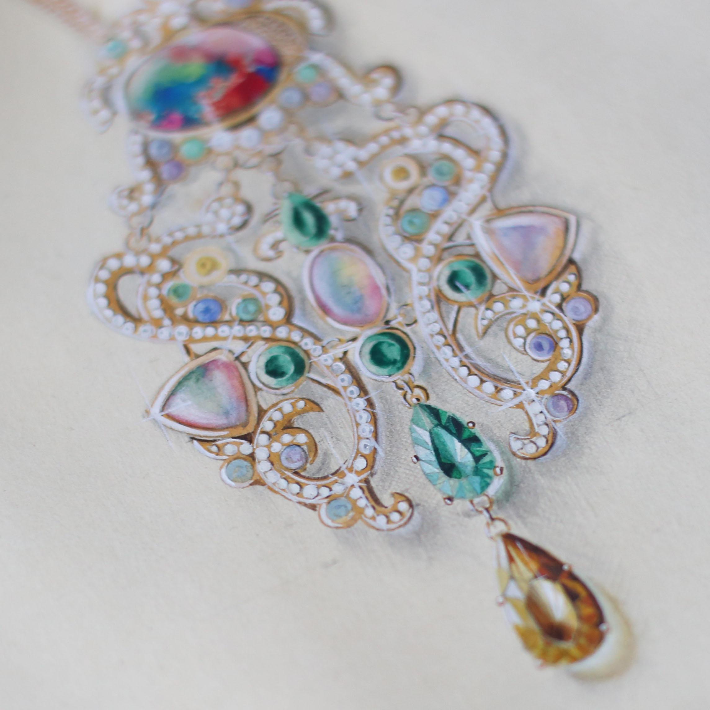 Brilliant Cut 18 Karat Yellow Gold Opals Emeralds Diamonds Pendant Necklace Colorful Classic For Sale