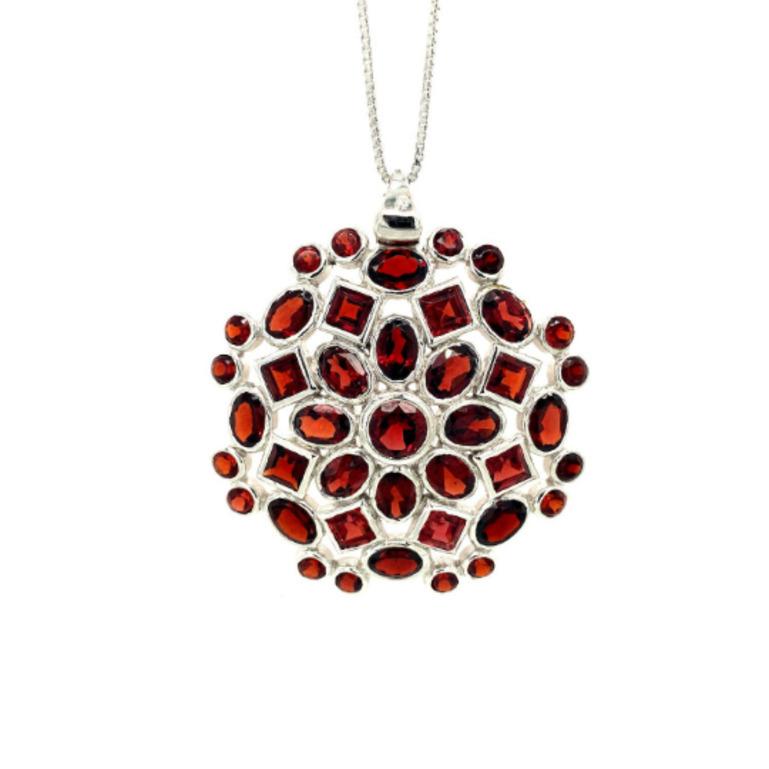 Mixed Cut Big 13.24 Carat Garnet Cluster Pendant Handcrafted in Sterling Silver For Sale