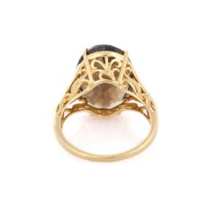 Big 14K Solid Yellow Gold Smoky Quartz Gemstone Ring