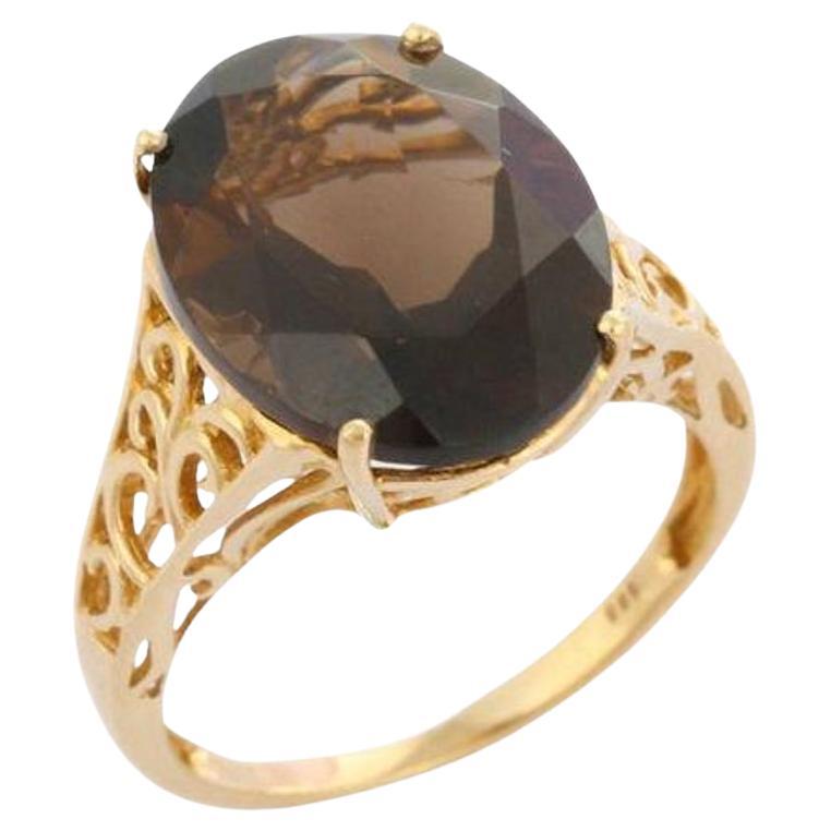 For Sale:  Big 14K Solid Yellow Gold Smoky Quartz Gemstone Ring