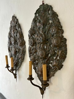 Big 18th Century Embossed Copper Floral "Palma" Church Sconces