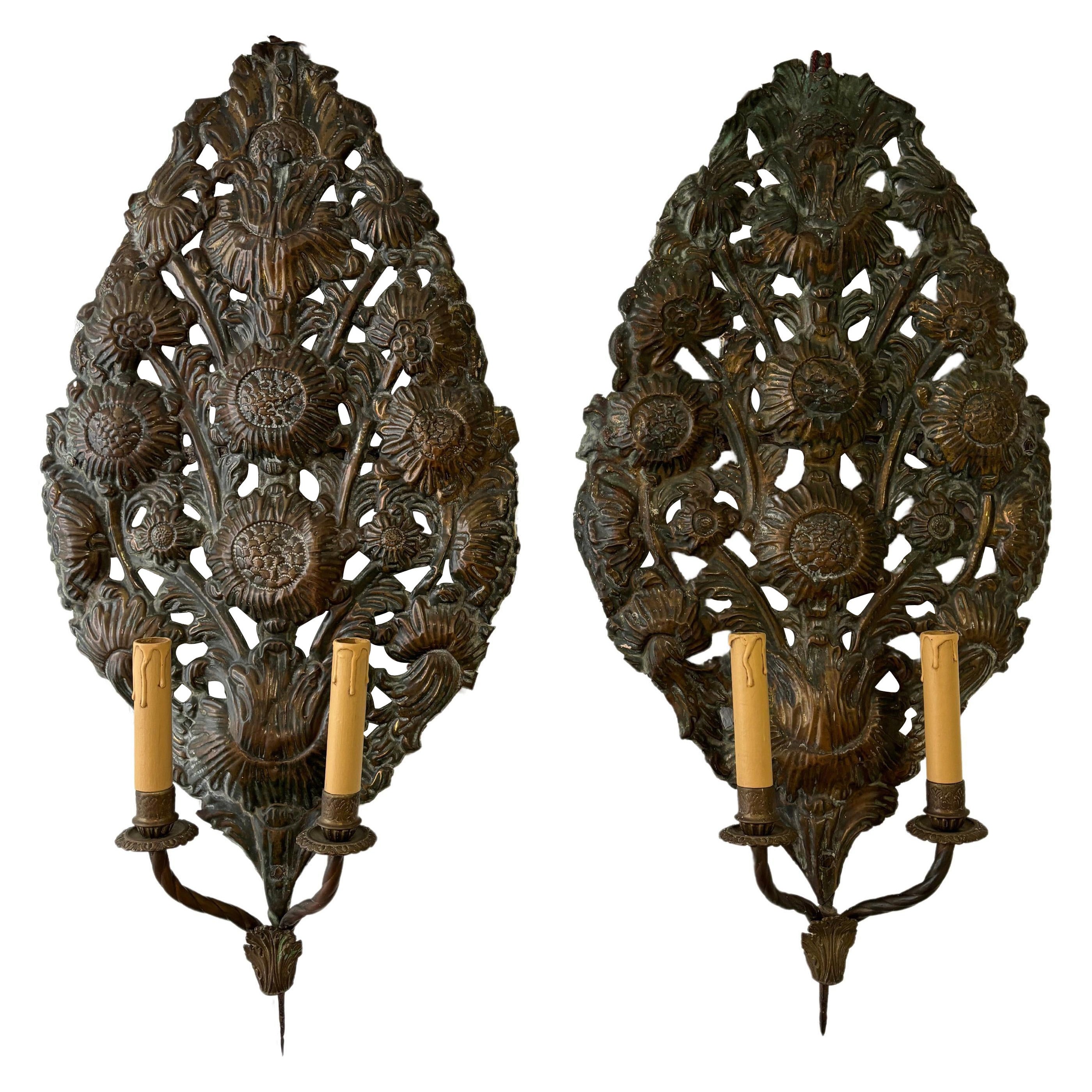 Big 18th Century Embossed Copper Floral "Palma" Church Sconces